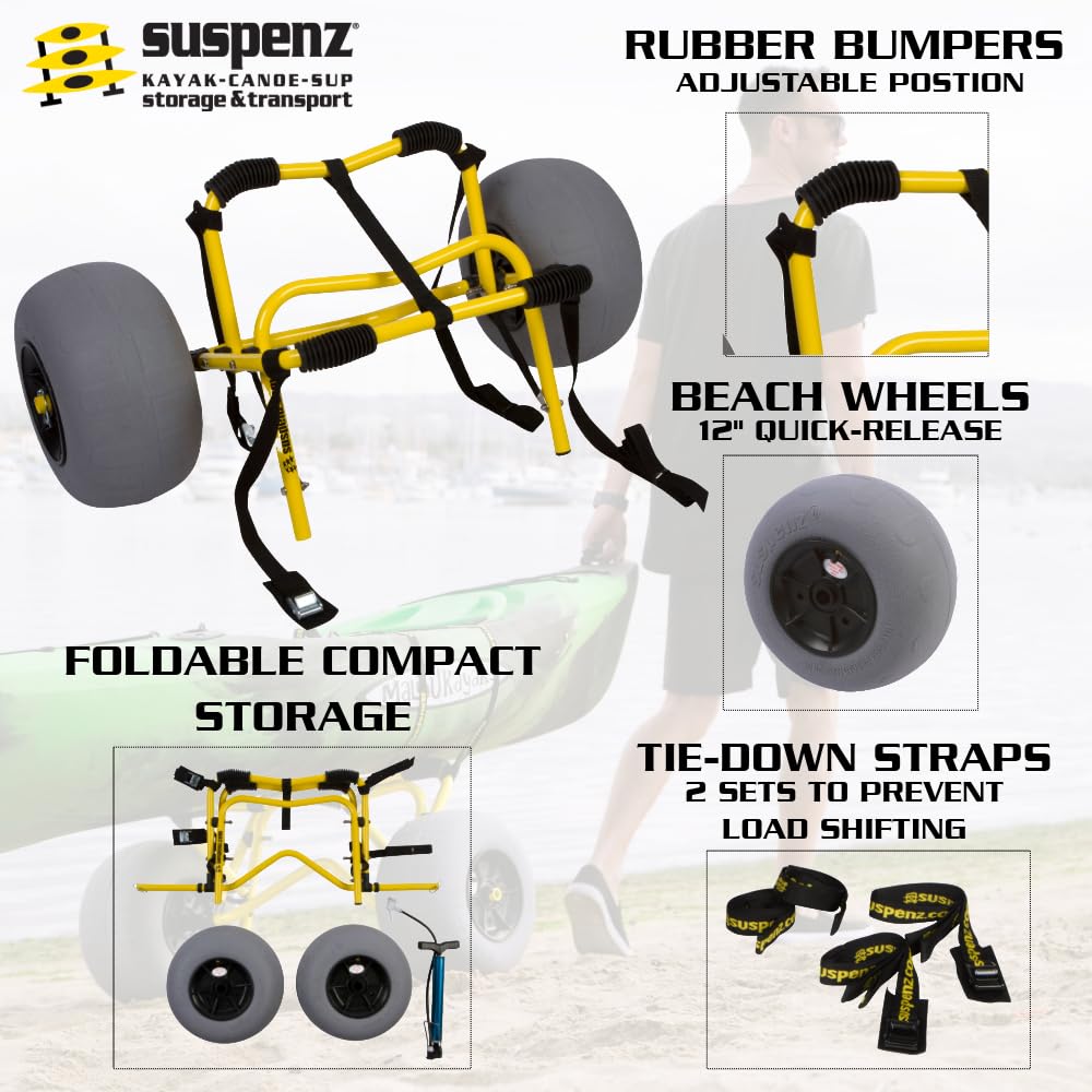 Suspenz DLX Kayak & Canoe Cart with Balloon Wheels - Heavy Duty Beach Trolley with Sand Tires & Straps - Yellow Flat Platform (Model 22-7044) - Perfect for Transporting Watercraft on Sand, Gravel & Uneven Terrain