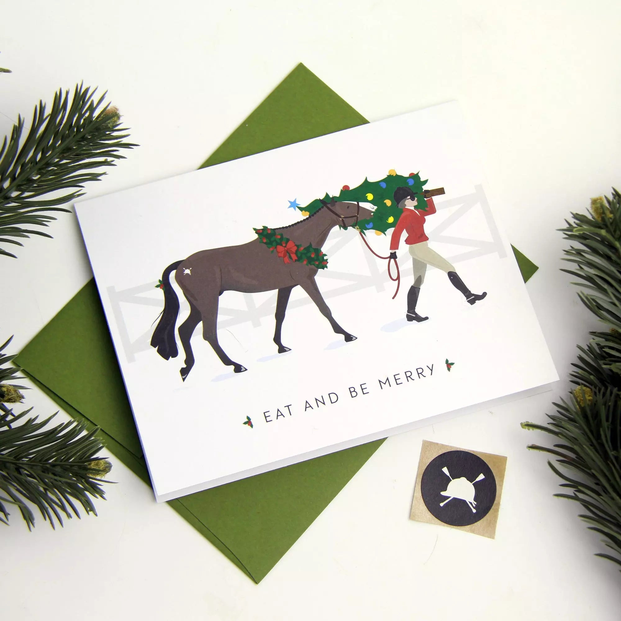 Eat + Be Merry English Equestrian Christmas Card - Holiday Greeting Card for Horse Lovers - Perfect for Christmas Wishes, Holiday Parties & Festive Decorations