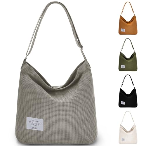 Gocvo Women's Corduroy Tote Bag - Large Zippered Shoulder Bag with Inner Pocket | Crossbody Handbag & Purse for Work, Travel & Shopping