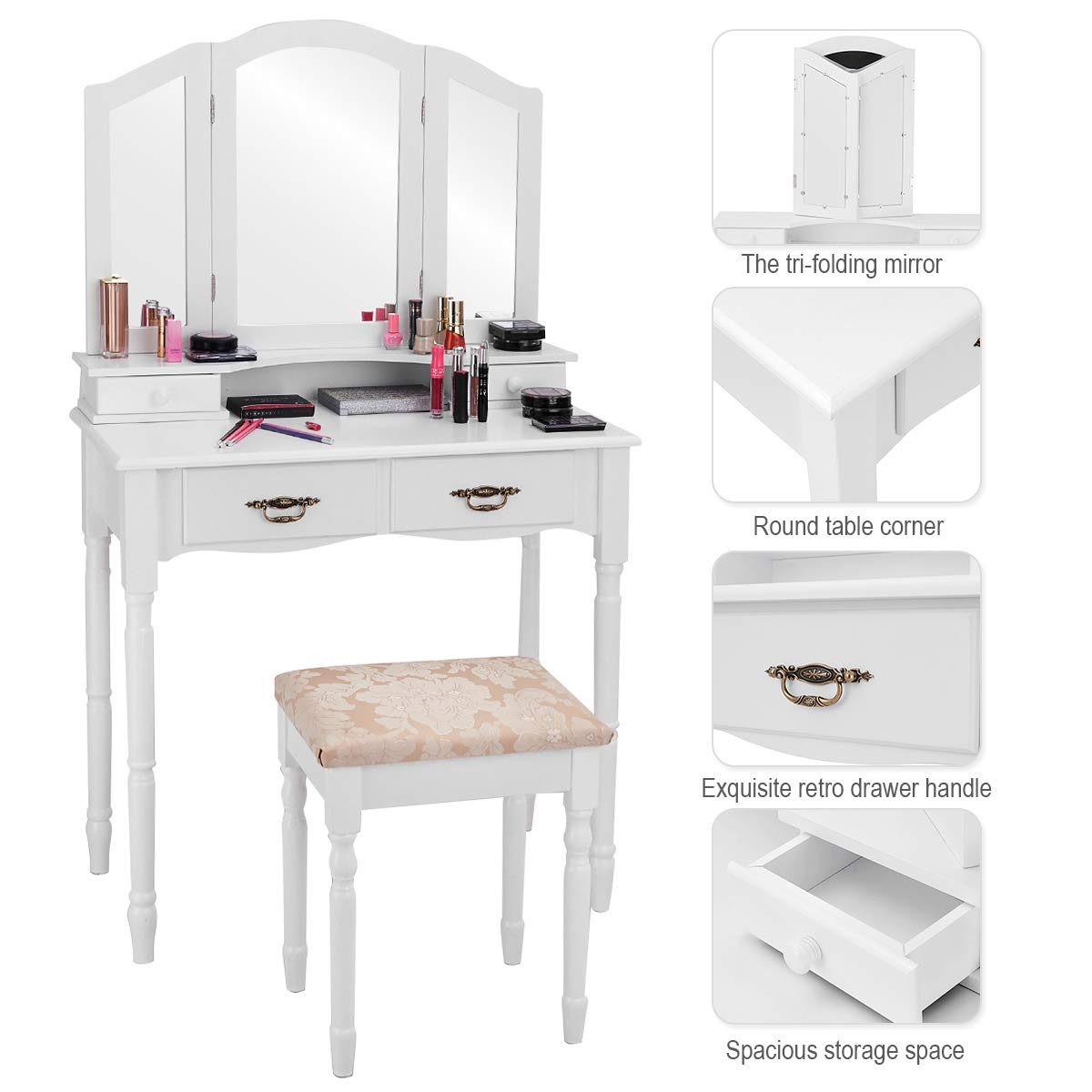 ReunionG Multifunctional Vanity Set with Stool & Trifold Mirror - White Makeup Dressing Table with Drawers, Writing Desk for Bedroom, Home Decor & Beauty Organization - Perfect for Small Spaces & Daily Makeup Routine