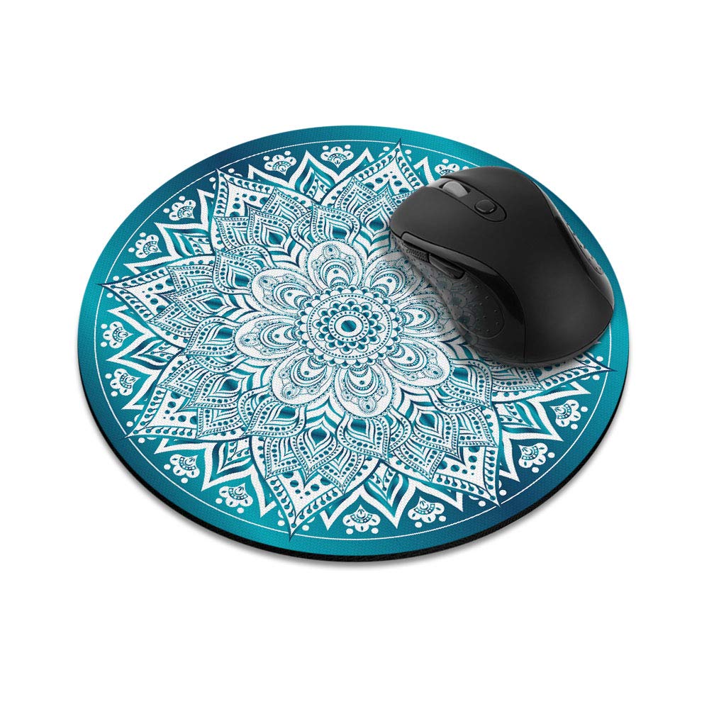 Non-Slip Round Mouse Pad with Teal & White Mandala Design - WIRESTER Ergonomic Desk Mat for Home Office, Gaming, and Computer Work - Perfect for Workstations, Laptops, and PC Setups
