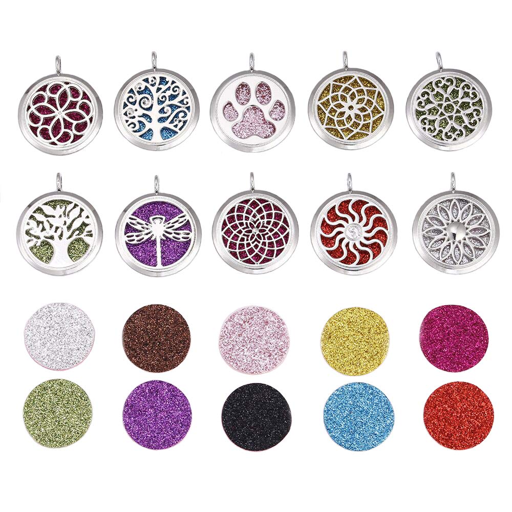10pcs Mixed Aroma Diffuser Charms - Stainless Steel Essential Oil Necklace Pendant Set for Aromatherapy, Yoga & Meditation (Style 5)