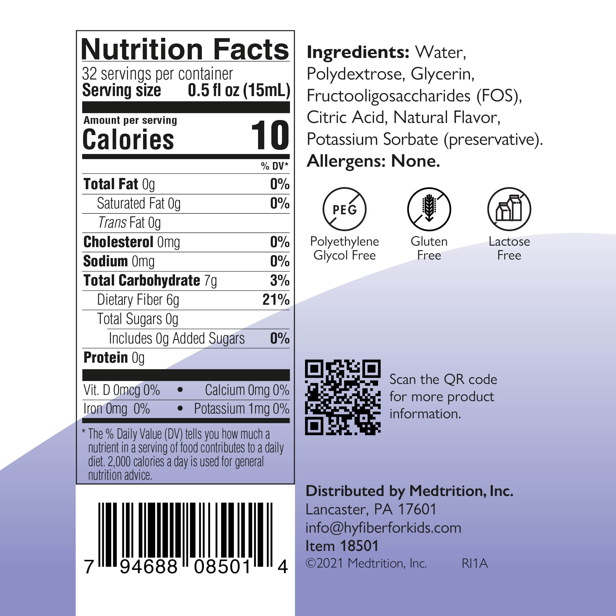Medtrition HyFiber Liquid Fiber Supplement for Kids - 6g Soluble Fiber per Tablespoon, Supports Digestive Health & Regularity with FOS Prebiotics, Promotes Softer Stools - 32 Servings per Bottle (6-Pack) - Ideal for Picky Eaters & Daily Gut Health Maintenance