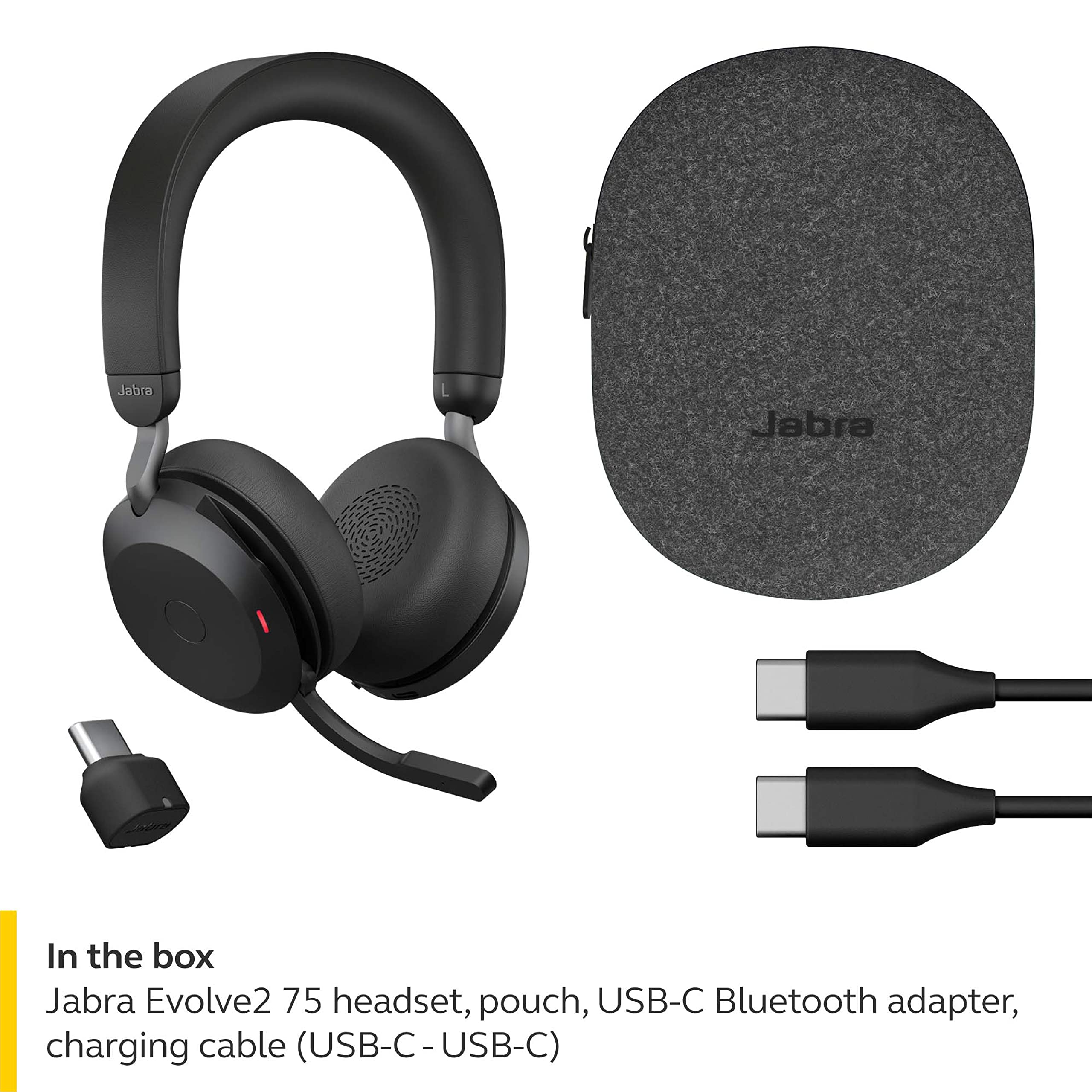 Jabra Evolve2 75 Wireless Headset with ANC, USB-C Bluetooth Adapter - UC Compatible PC Headphones for Office, Call Center & Remote Work (Renewed, Black)