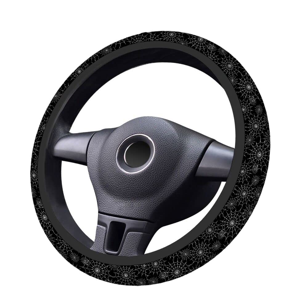 Swono Spiders Web Car Steering Wheel Cover - Universal Fit 15 Inch, Anti-Slip Fabric Protector for Cars, SUVs & Sedans | Abstract Black Web Design | Perfect for Daily Commuting & Road Trips