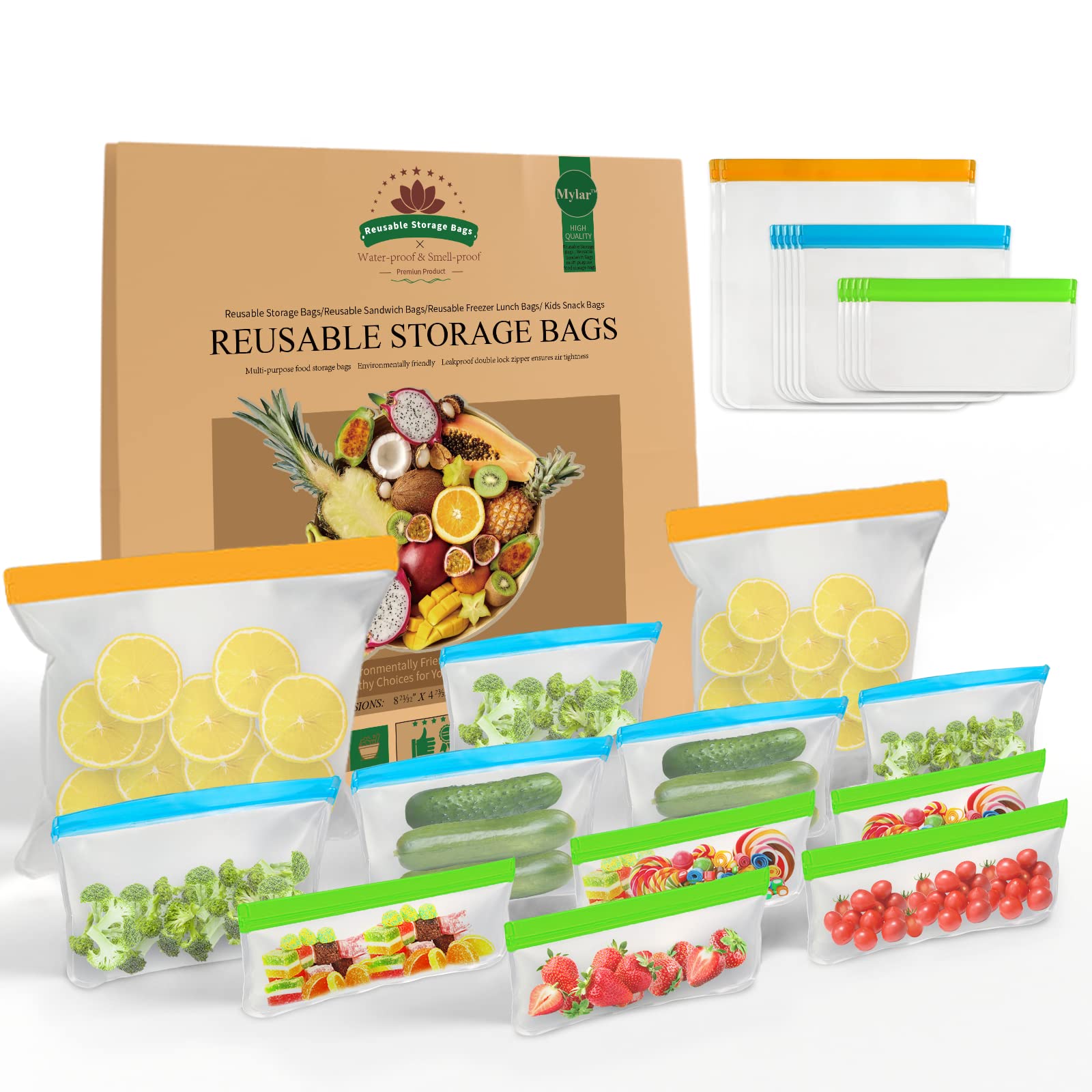 22 Pack Reusable Mylar Storage Bags - 4 Freezer Bags, 9 Sandwich Bags, 9 Snack Bags for Kids | BPA Free, Leakproof, Resealable Food Storage | Perfect for Lunch, Meal Prep, Fruits, Vegetables & Meat (Multicolor)