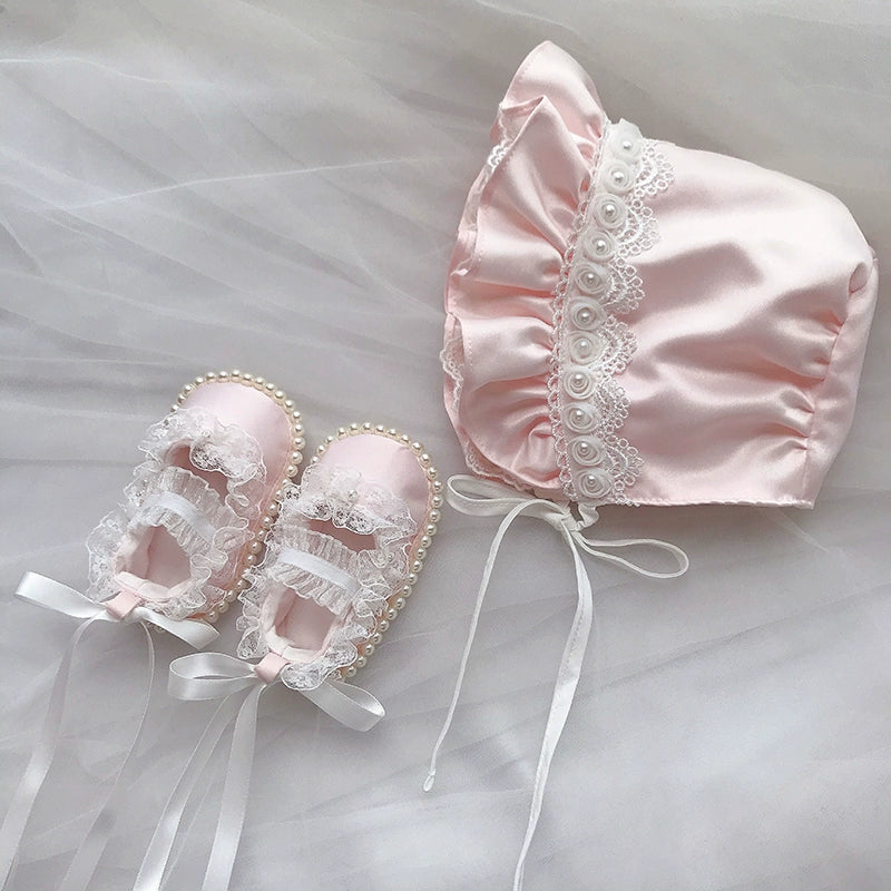 Baby Princess Hat & Toddler Lace Pearl Soft-Soled Shoes Set for Newborn Photoshoot, Christening, and Special Occasions