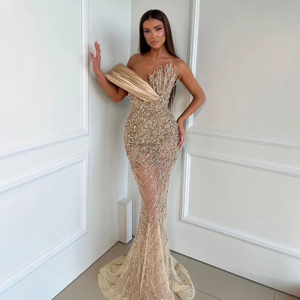 Elegant One Shoulder Beaded Evening Gown - Dubai Inspired Caramel Arabic Dress for Formal Occasions & Special Events - LA72577 | Perfect for Weddings, Galas and Red Carpet Events