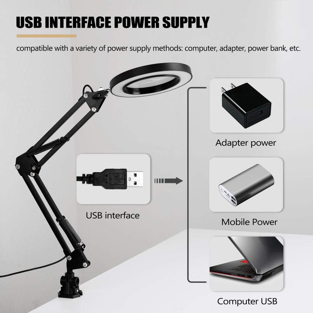 5X Magnifying Glass with LED Light - Foldable Desk Lamp for Reading & Crafts, 3 Dimming Modes, USB Powered - Perfect for Jewelry Making, Watch Repair & Close-up Work