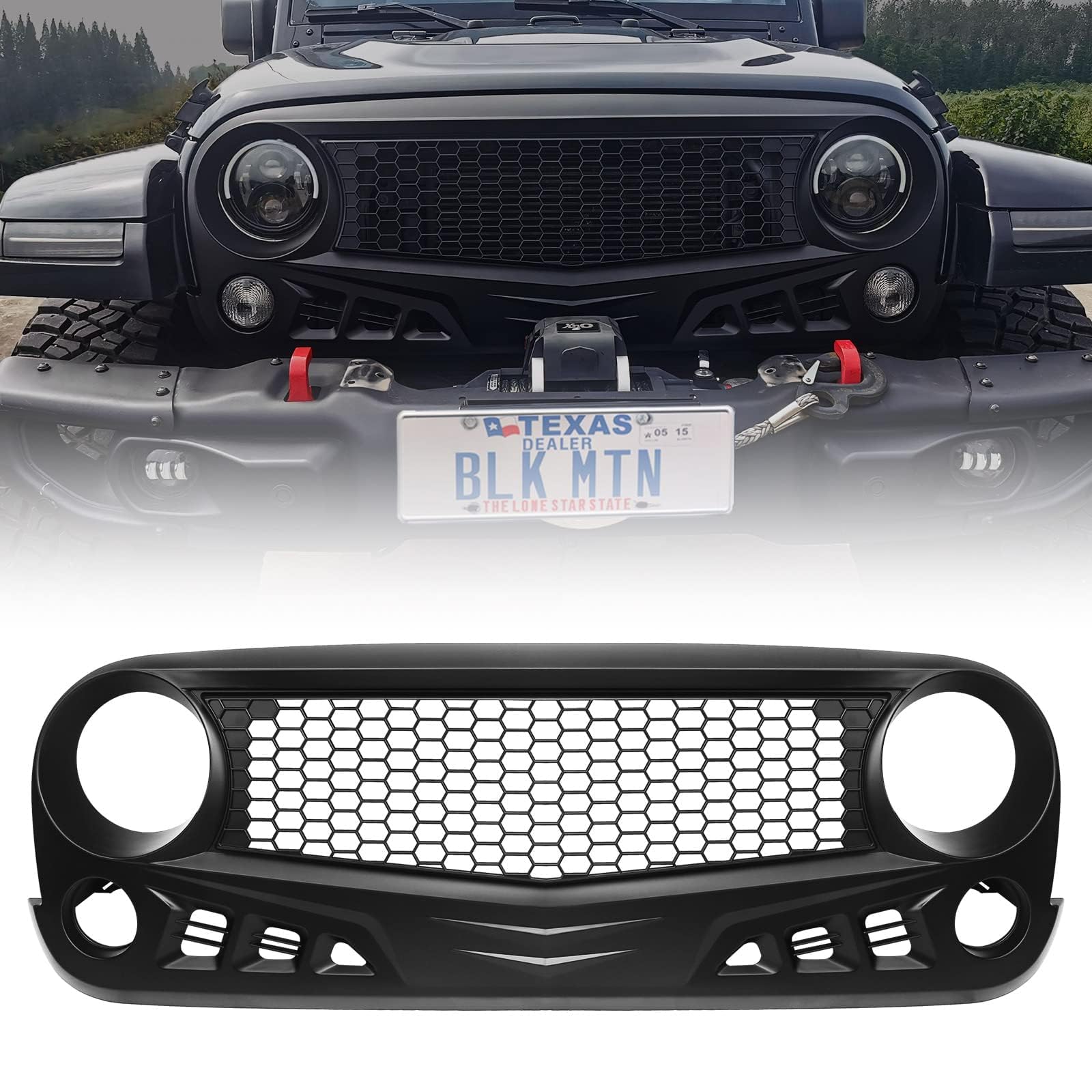 2007-2018 Jeep Wrangler JK JKU Front Grill with Mesh Matte Black Grille - Fits Rubicon, Sahara & Sport Models (Challenger Style) - Off-Road Upgrade & Custom Look
