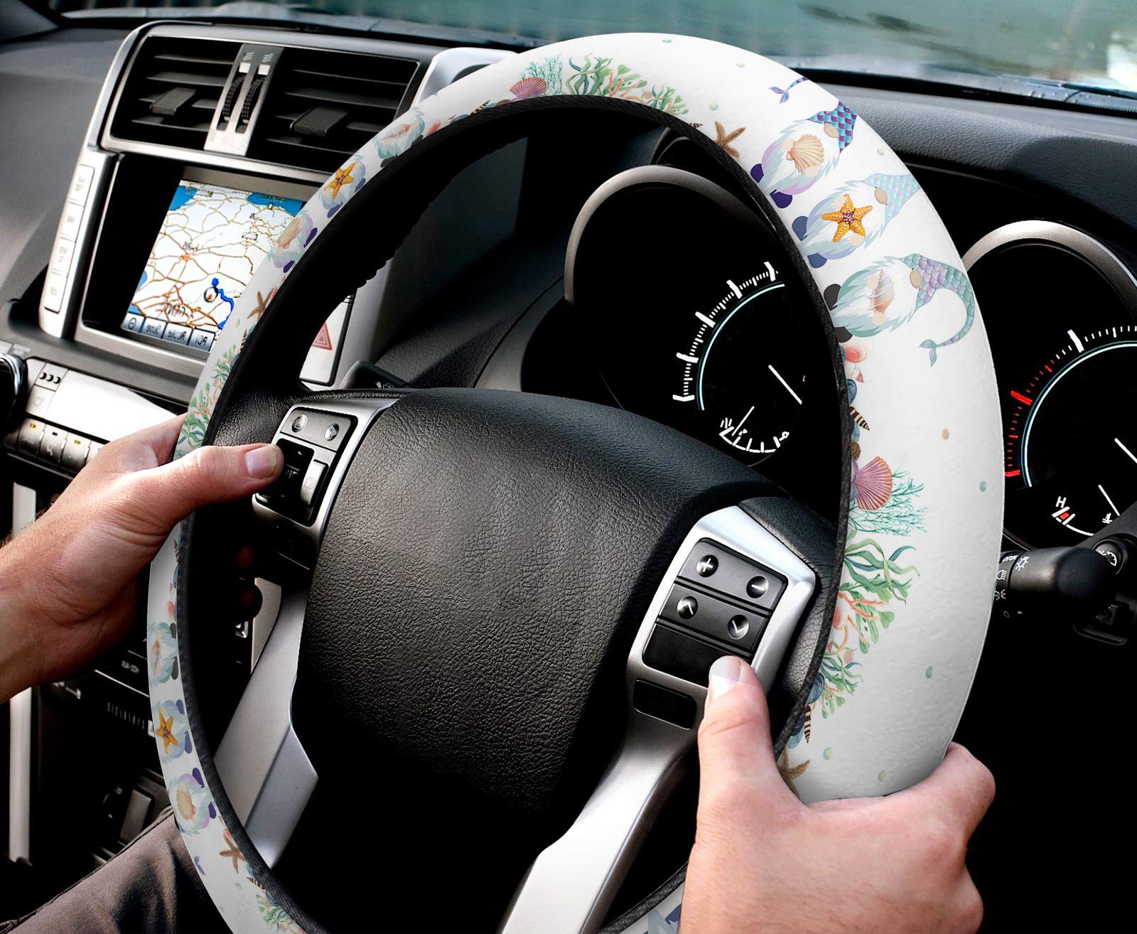 Premium Custom Universal Quick Release Steering Wheel Cover for Women & Men - Ocean Mermaid Gnome & Tropical Starfish Design - 15 Inch Car Steering Protector for Truck, Auto, SUV - Perfect for Road Trips & Daily Commutes
