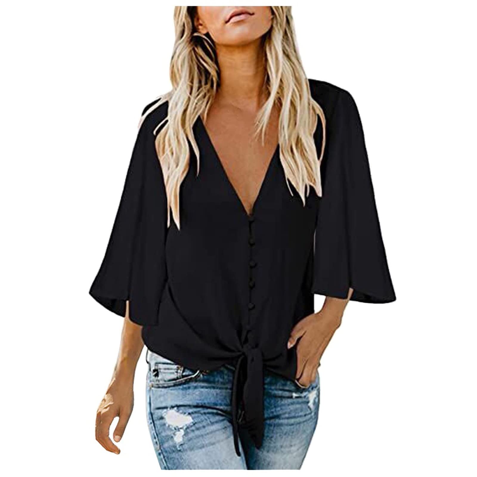 Women's 3/4 Sleeve V-Neck Chiffon Blouse - Summer Casual & Dressy Loose Tops for Work, Office, and Everyday Wear