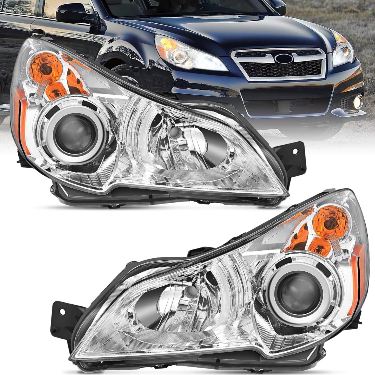 2010-2014 Subaru Legacy & Outback Replacement Headlight Assembly - Chrome Housing with Amber Reflector & Clear Lens - Perfect for Night Driving & Foggy Conditions