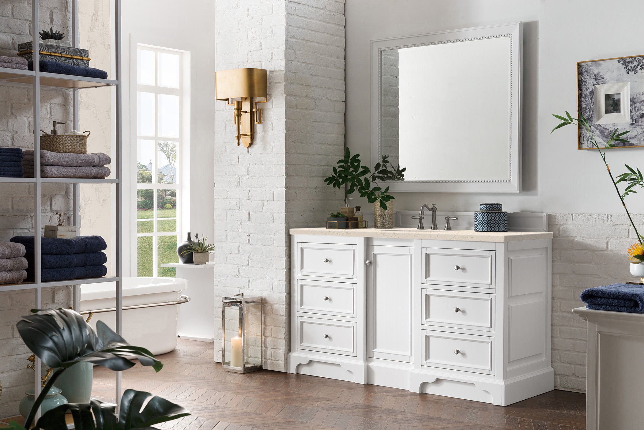 De Soto 60-Inch Single Bathroom Vanity Set with Bright White Finish & 3CM Eternal Marfil Quartz Countertop - Perfect for Modern Master Bathrooms and Powder Rooms