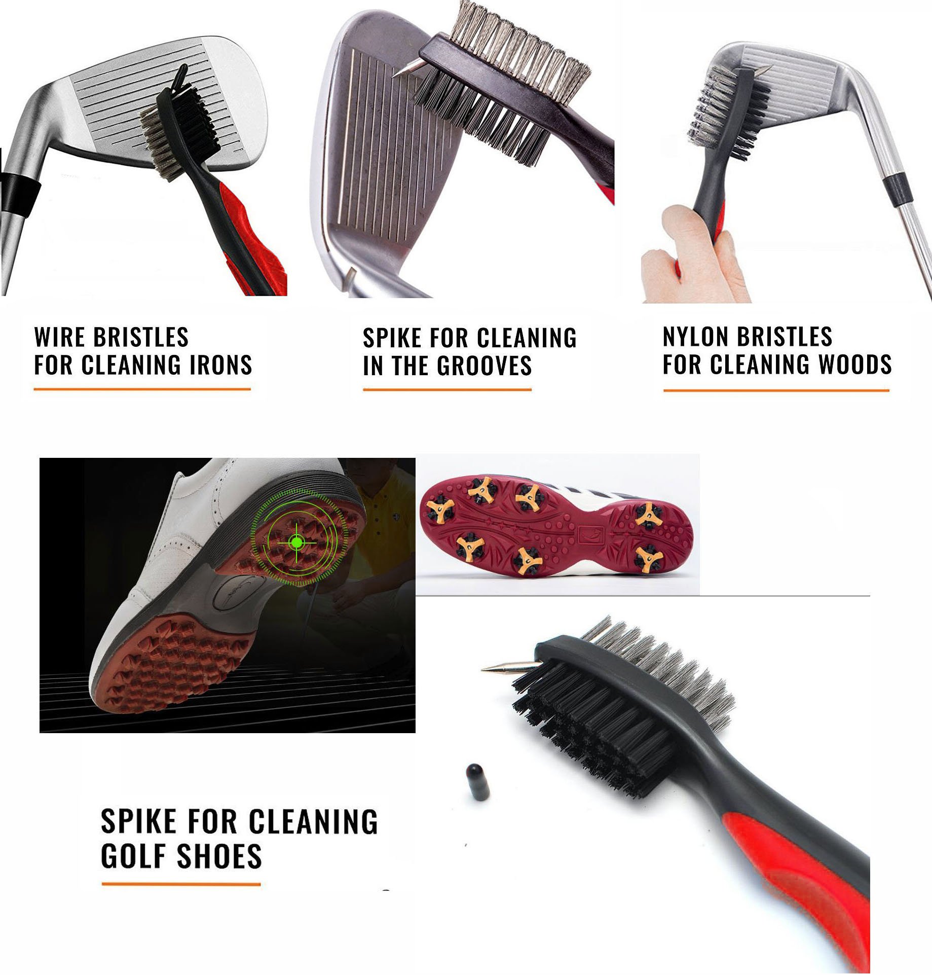 2 Ft Retractable Golf Club Brush & Groove Cleaner Set with Aluminum Carabiner - Perfect for Cleaning All Golf Irons & Clubs | On-Course & Home Practice Use