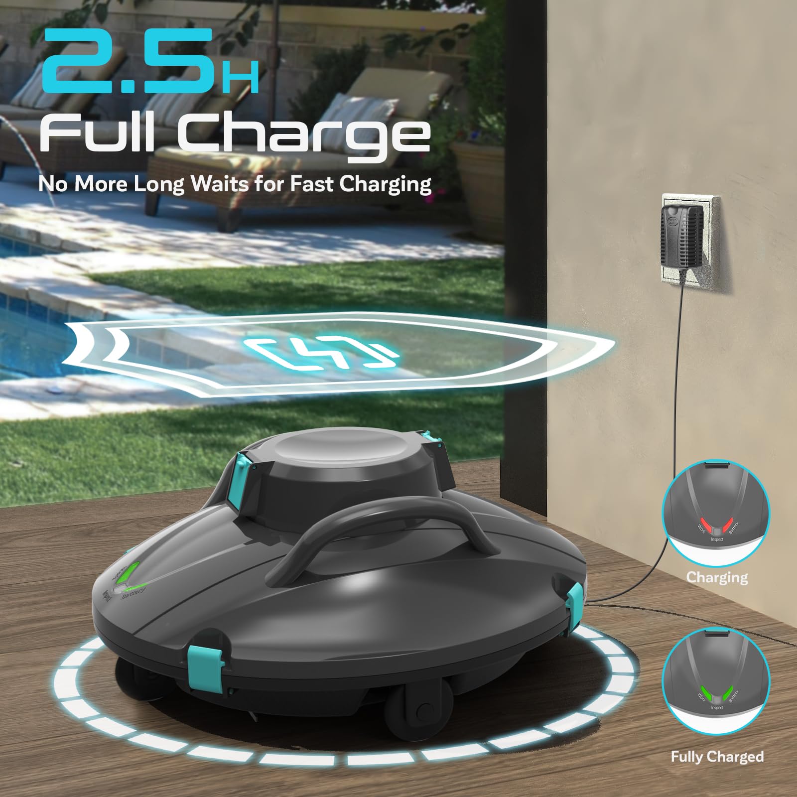 Cordless Automatic Pool Vacuum Robot Cleaner for Above Ground Pools - 5400mAh Battery Lasts 110 Minutes, Self-Parking, 6-8m/min Cleaning Speed | Perfect for Weekly Pool Maintenance & Quick Cleanups