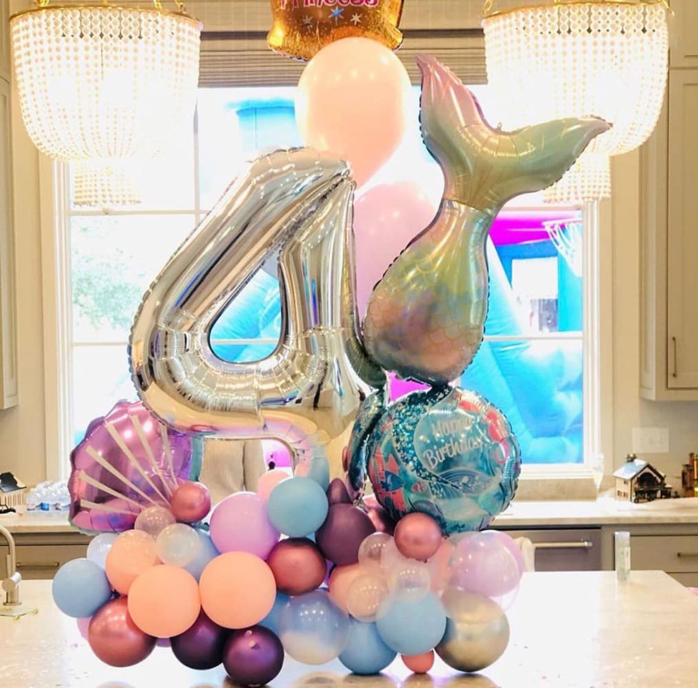 7pcs Mermaid Balloons Number 4 - 1st 2nd 3rd Birthday Party Decorations, Mermaid Tail Themed Party Supplies for Girls - Perfect for Birthday Celebrations, Baby Showers & Themed Events