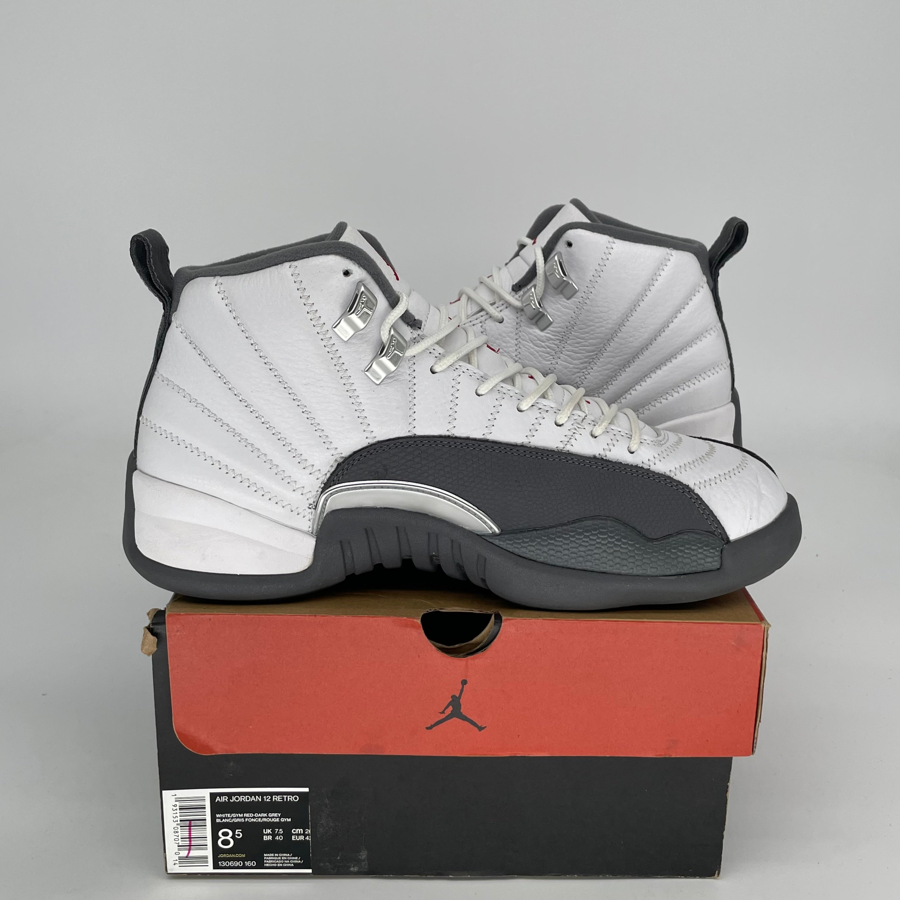 Original Air Jordan 12 Retro 'White/Dark Grey' Basketball Shoes - Men's Size 8.5 (Style Code 130690-160) - Perfect for Streetwear & Casual Fashion