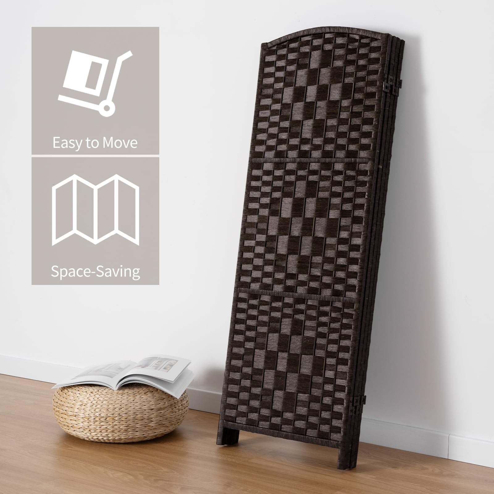 4-Panel Dark Mocha Room Divider - Foldable Privacy Screen & Temporary Wall Partition for Home Office, Bedroom, and Studio Space Separation