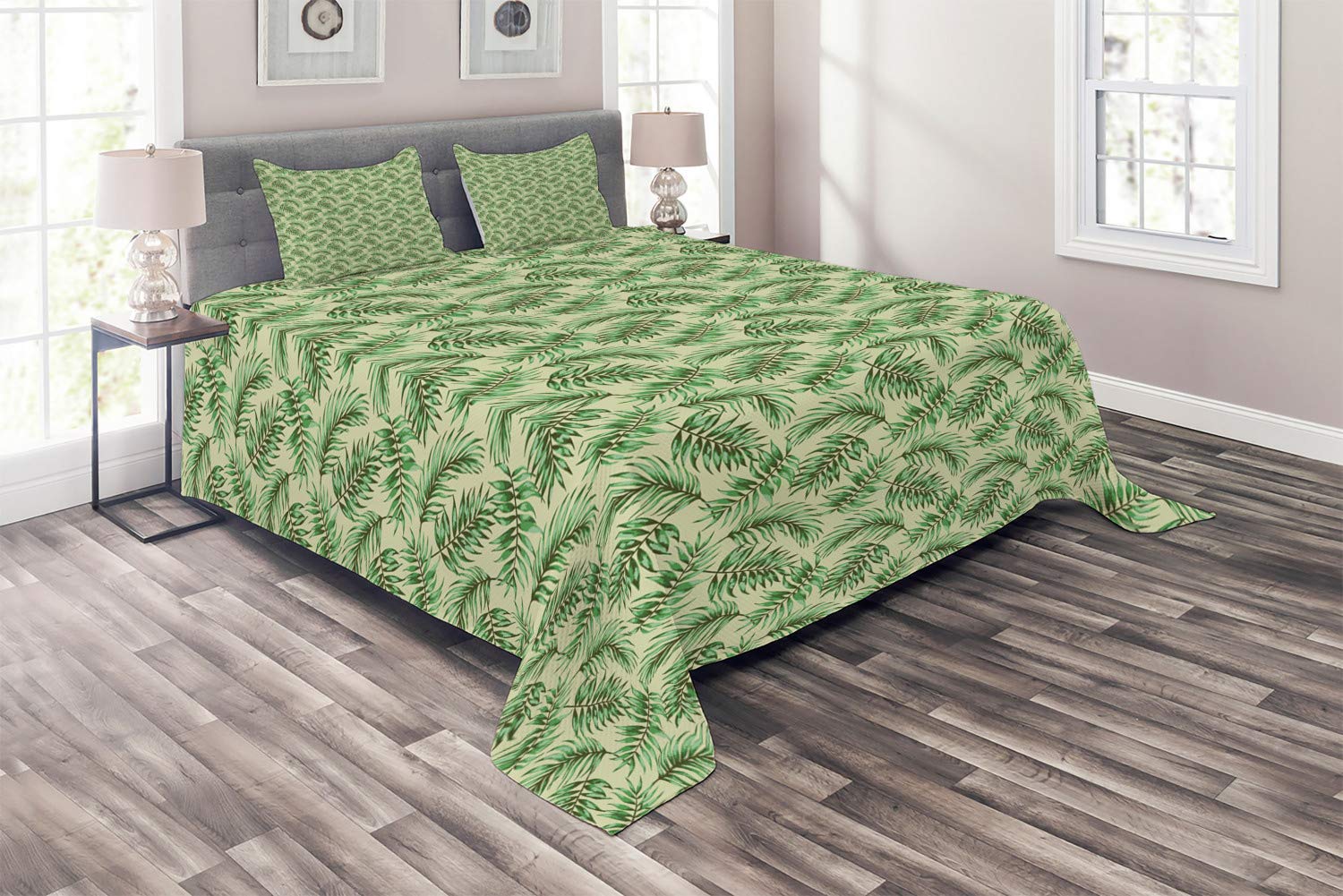 Ambesonne Exotic Jungle Foliage 3-Piece Quilted Bedspread Set with 2 Pillow Shams, King Size, Fern Green & Pastel Green - Tropical Luau Vibes for Bedroom Decor, Guest Room, or Vacation Home Styling
