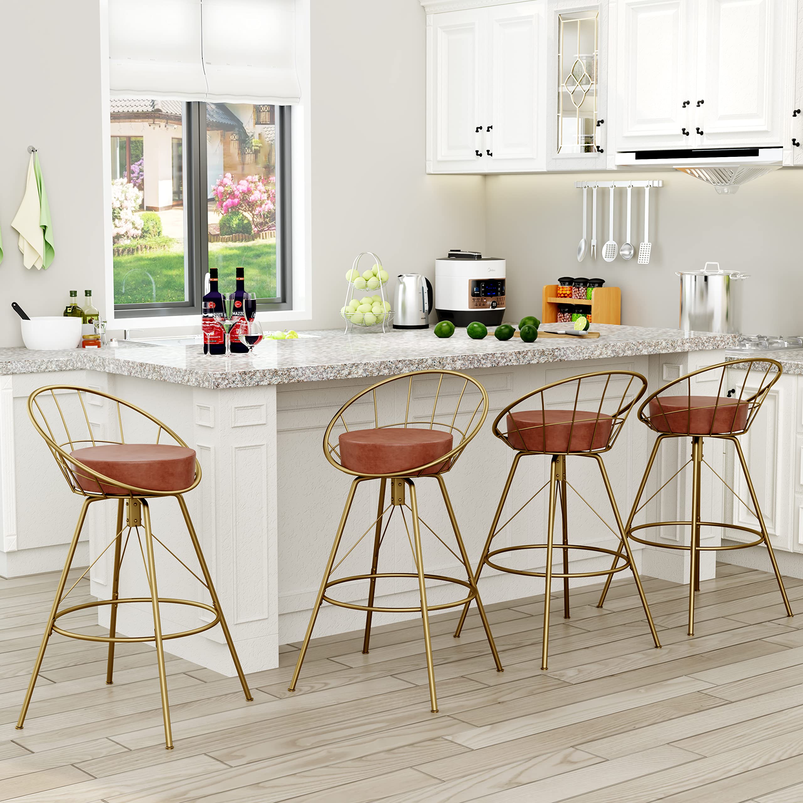 Aklaus Set of 2 Swivel Bar Stools 30 Inch Height - Gold Metal Frame with Brown PU Leather Upholstered Seat & Back - Kitchen Island, Home Bar, Breakfast Counter Stools for Dining & Entertaining