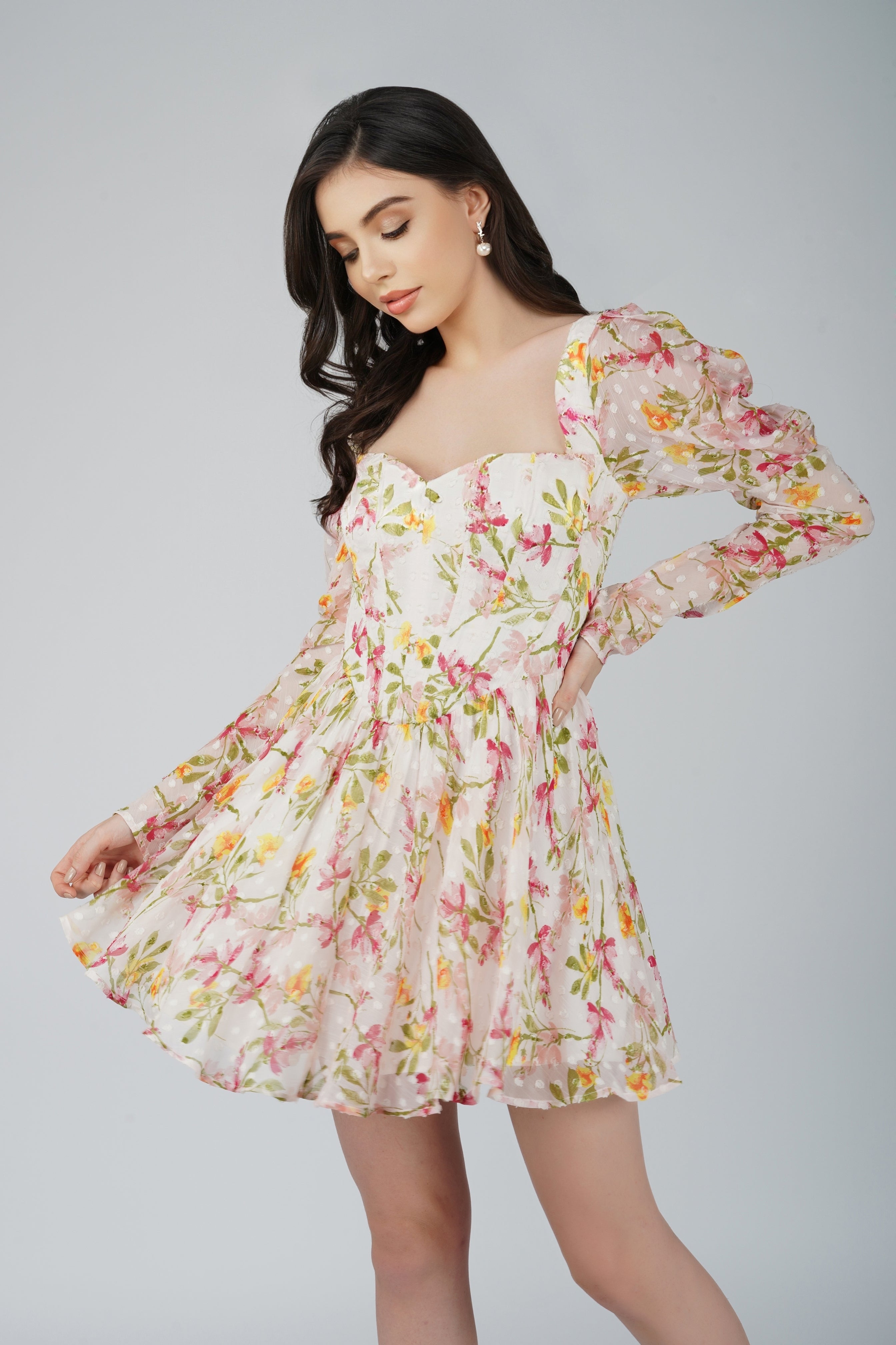 Elegant Bone White Floral Corset Dress for Women - Vintage Lace Up Bustier Midi Dress for Weddings, Parties & Special Occasions