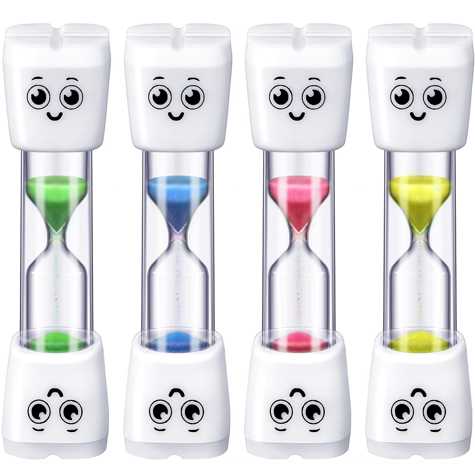 Weewooday 4-Piece Kids Toothbrush Timer Set - 2 Minute Sand Timer with Smile Design for Proper Brushing - Oral Hygiene Gift for Boys & Girls (Blue, Pink, Yellow, Green) - Perfect for Bathroom, Travel & Party Favors