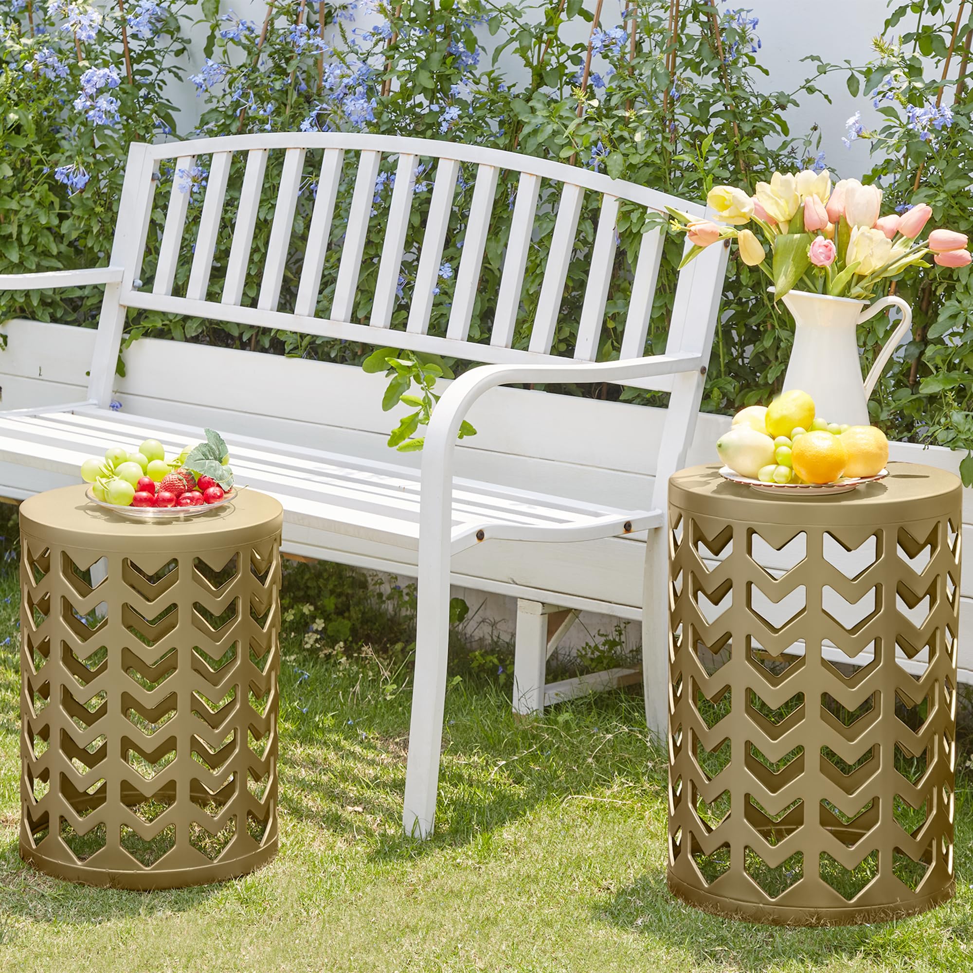 HFHOME Set of 3 Round Metal Nesting Tables - Side End Tables, Nightstand, Coffee Table for Living Room, Bedroom, Patio - Indoor & Outdoor Heavy Duty Metal Plant Stand, Garden Stool in Golden (Ship from US) | Perfect for Small Spaces, Coffee Table Sets, and Home Decor