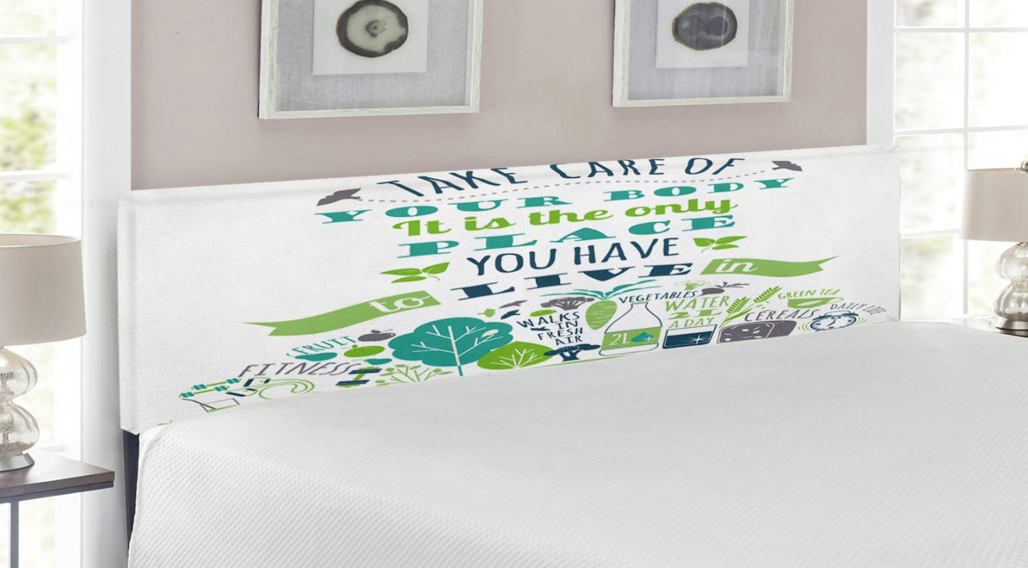 Ambesonne Fitness Headboard - Motivational Healthcare Quote 'Body is The Only Place You Have to Live' - Upholstered Decorative Metal Bed Frame with Memory Foam - King Size Multicolor Headboard for Active Lifestyle & Gym Enthusiasts - Perfect for Home Gym Decor, Bedroom Fitness Inspiration & Wellness Retreats