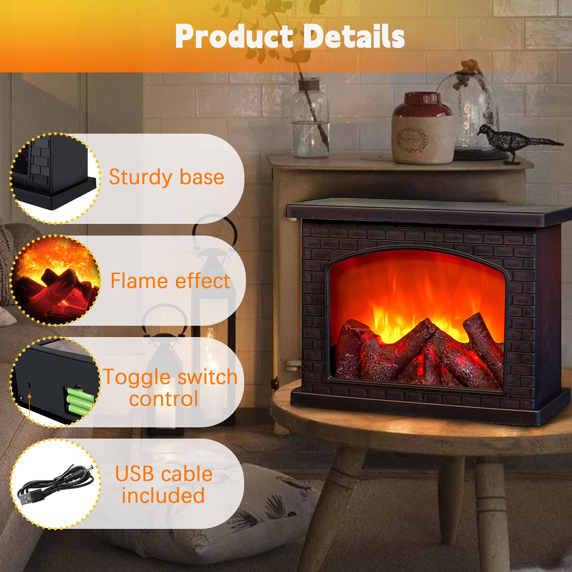 LED Fireplace Lanterns - Battery Operated & USB Rechargeable Fake Fireplace with Realistic Flame Effect - Indoor/Outdoor Christmas Decor for Home, Patio, Wedding, Party (Black, No Heater)