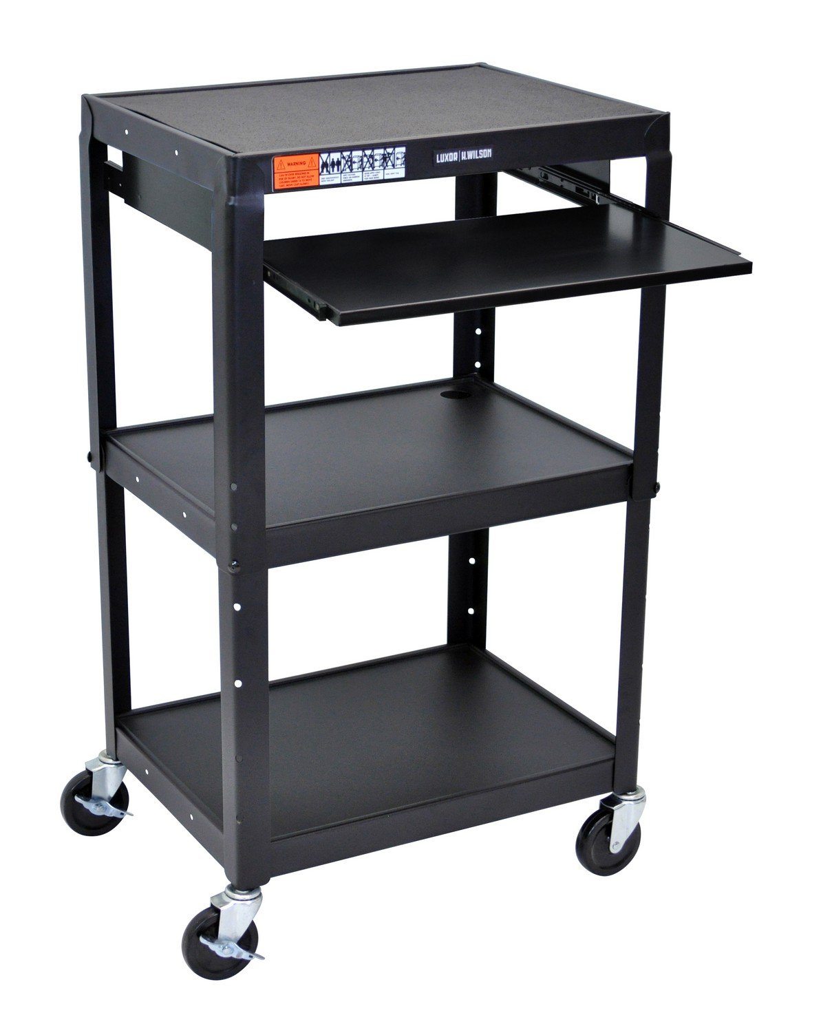 Luxor Adjustable Height Black Metal AV Cart with Pullout Keyboard Tray - Perfect for Classrooms, Offices, and Home Entertainment Systems