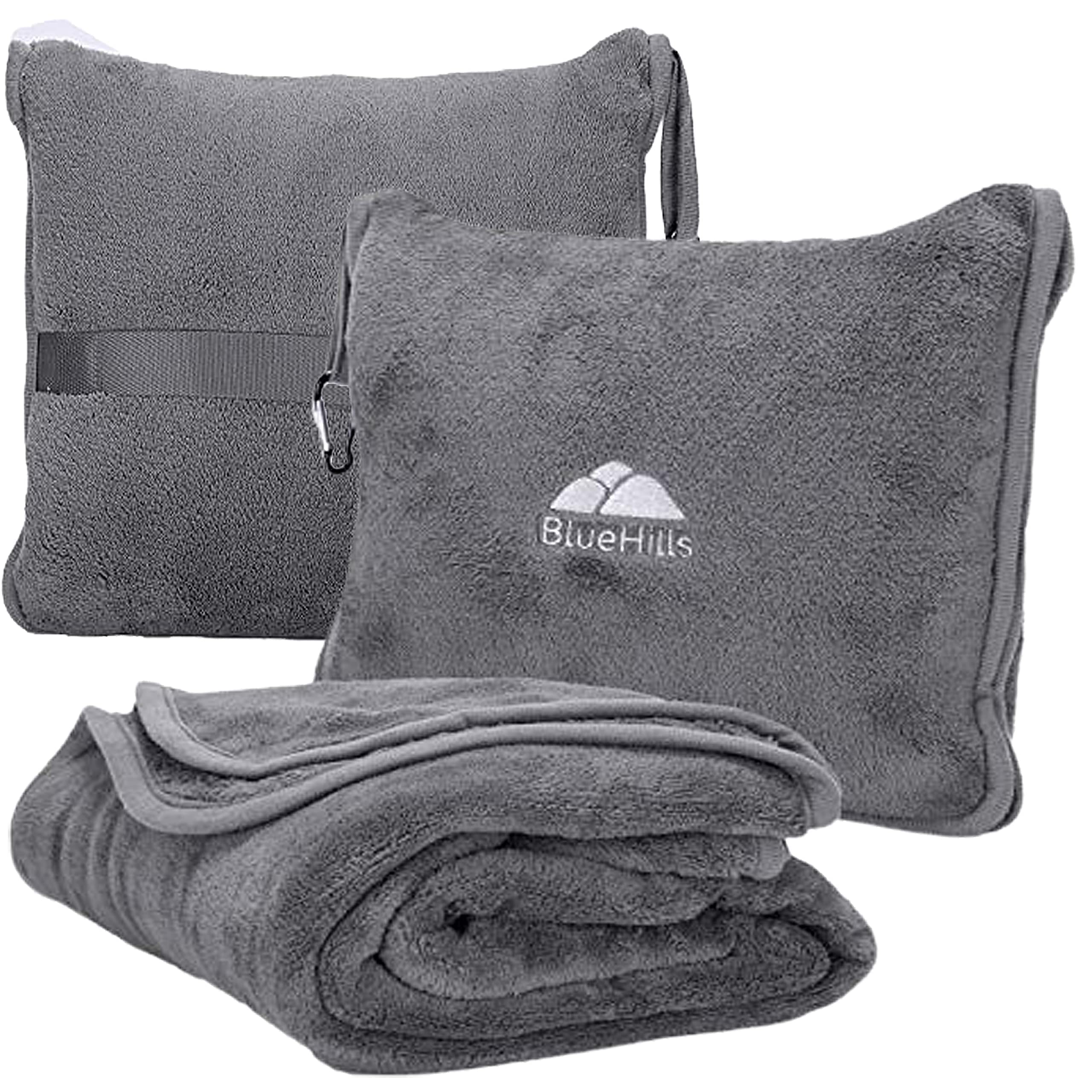 Premium Soft Travel Blanket & Pillow Set of 2 - Ultra Compact Airplane Blanket with Carrying Case & Strap | Cozy Flight Accessories for Air Travel, Road Trips & Camping | Gray Grey