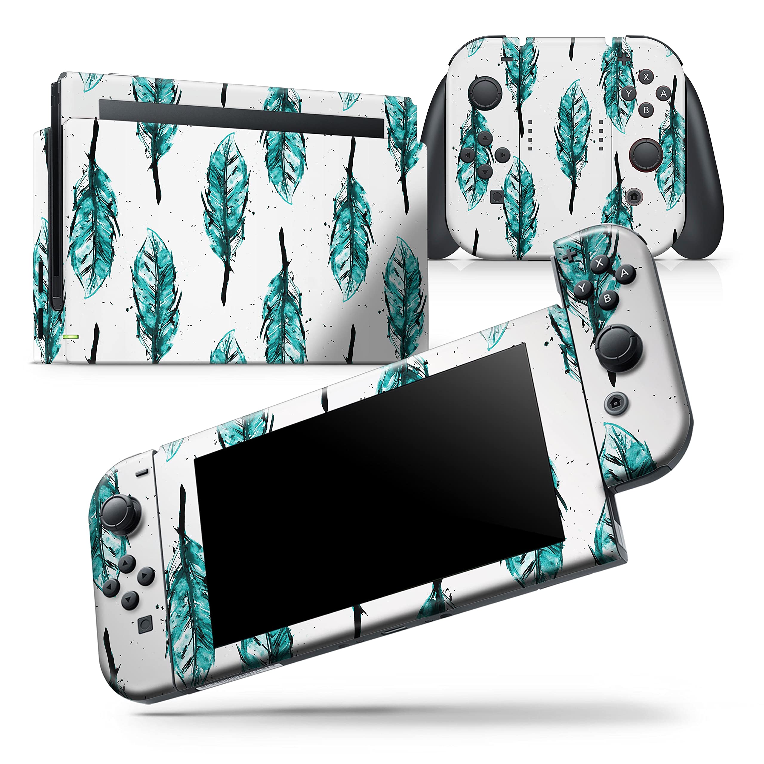 Nintendo Switch Joy-Con Skin Decal - Scratch-Resistant Removable Vinyl Wrap Cover - Splattered Teal Watercolor Feathers Design - Protective Cover for Gaming Accessories - Perfect for Switch Joy-Con Controllers Protection and Customization