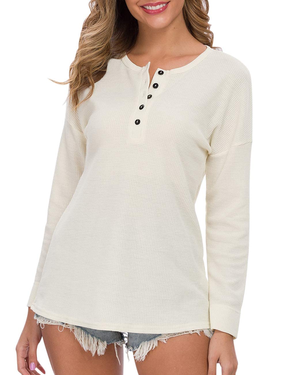 WNEEDU Women's Waffle Knit Tunic Top - Loose Fit Long Sleeve Button Up Henley Shirt with V-Neck | Casual Fall & Winter Layering, Office Wear, Everyday Outfits