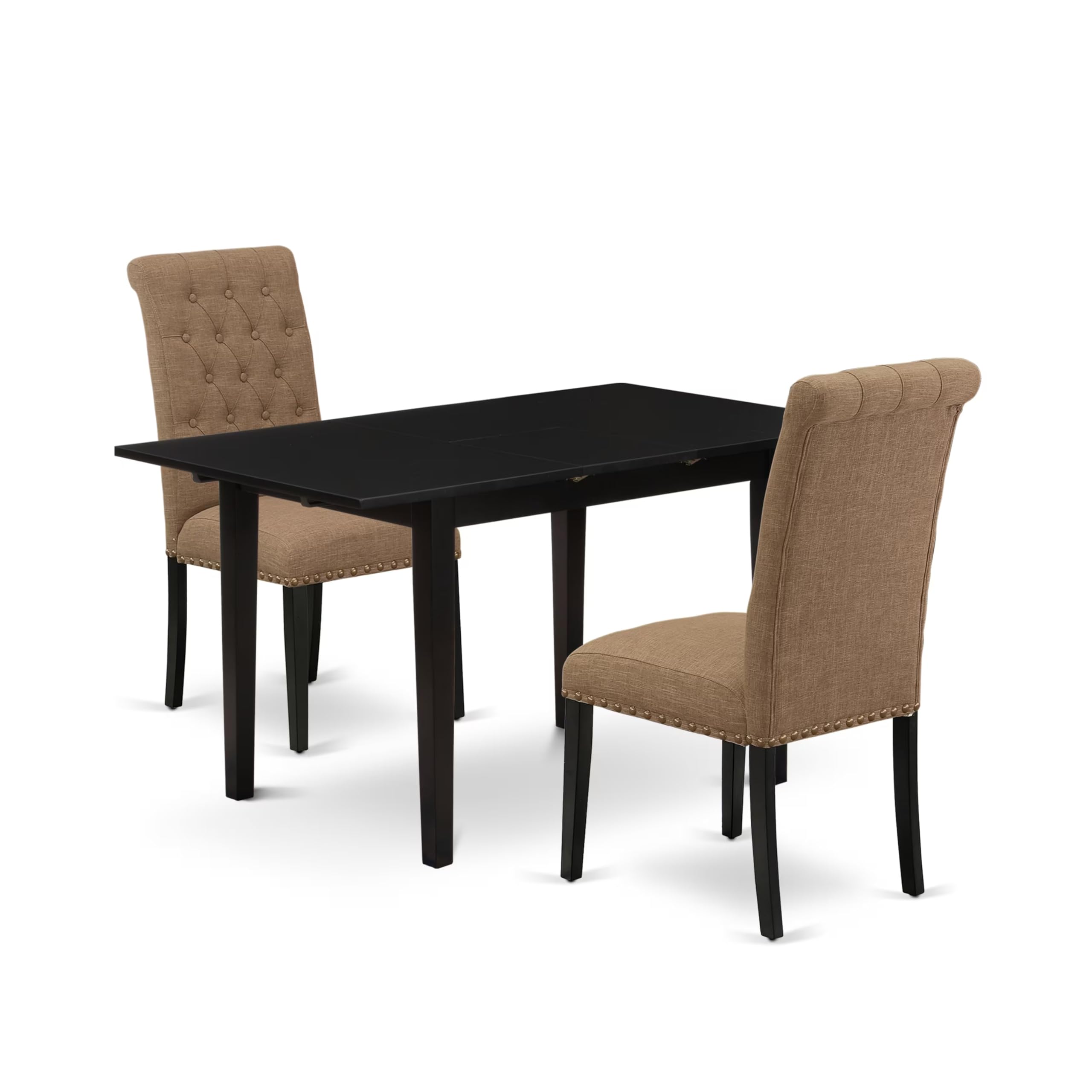 East West Furniture 3-Piece Dining Room Table Set with Butterfly Leaf - Black Rectangle Kitchen Table & 2 Light Sable Linen Parson Chairs, 32x54 Inch | Perfect for Small Space Dining Rooms, Breakfast Nooks & Apartment Living