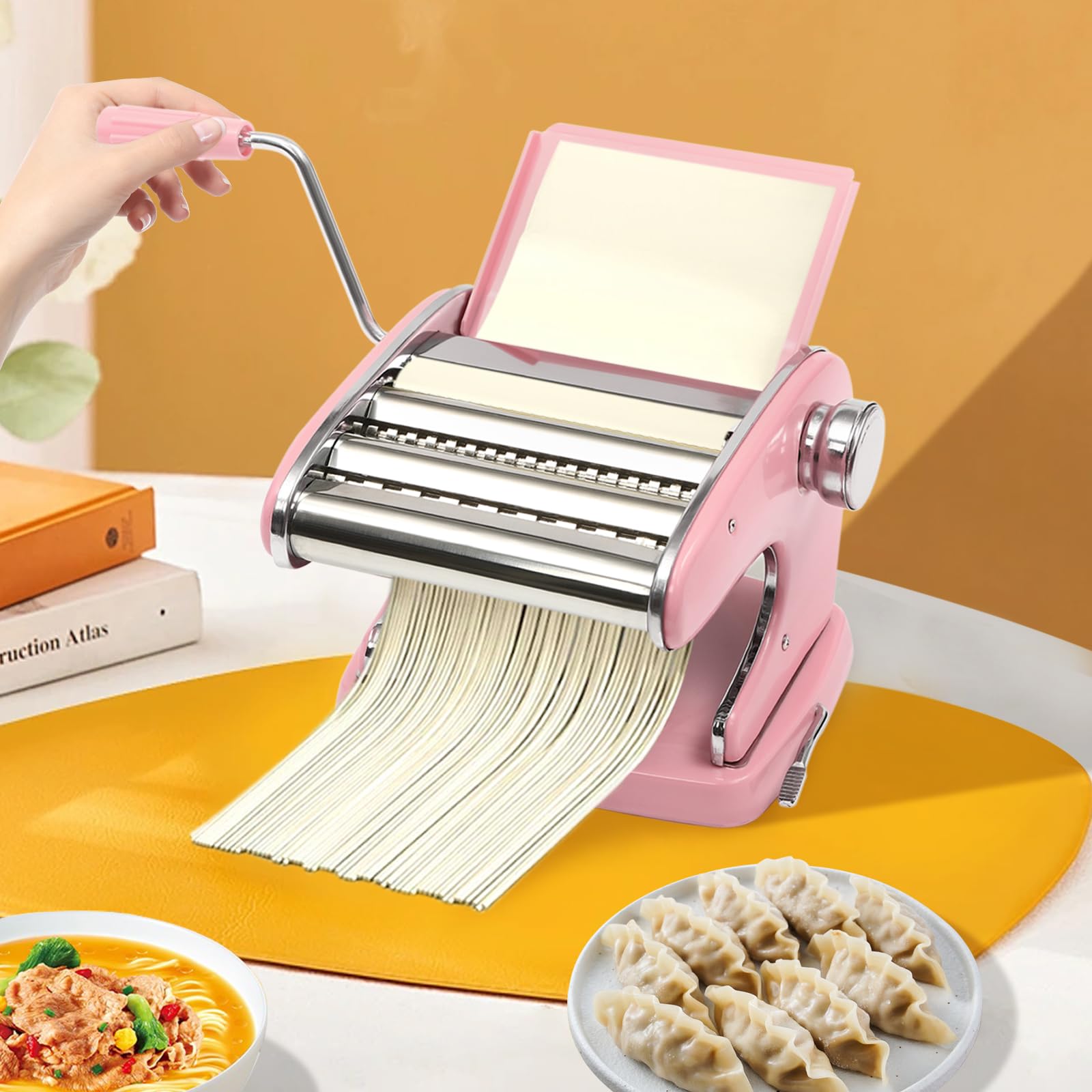 Stainless Steel Manual Pasta Maker Machine - 6 Adjustable Thickness Settings for Homemade Spaghetti, Fettuccini, Lasagna & Dumpling Skins | Durable Noodle Cutter | Perfect for Italian Cooking, Family Meals & DIY Pasta Making (Pink)