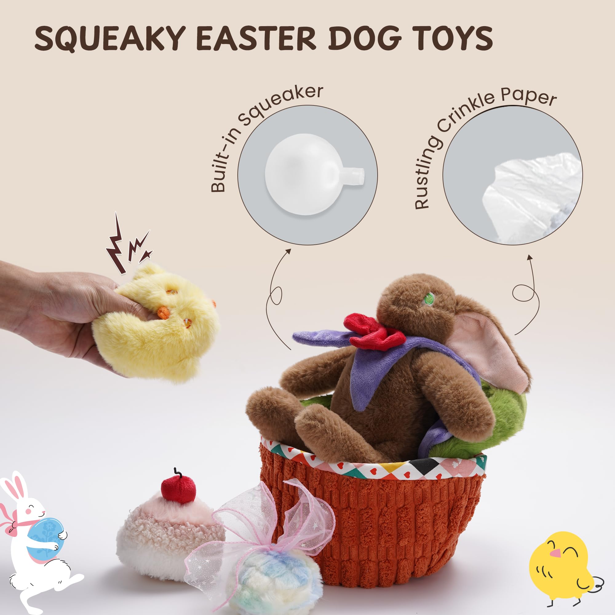 5 Pack Easter Dog Toys with Basket - Durable Plush Squeaky Toys for Small Medium Large Dogs (Rabbit, Chick, Egg & Cake Design) - Perfect for Easter Gifts & Puppy Playtime