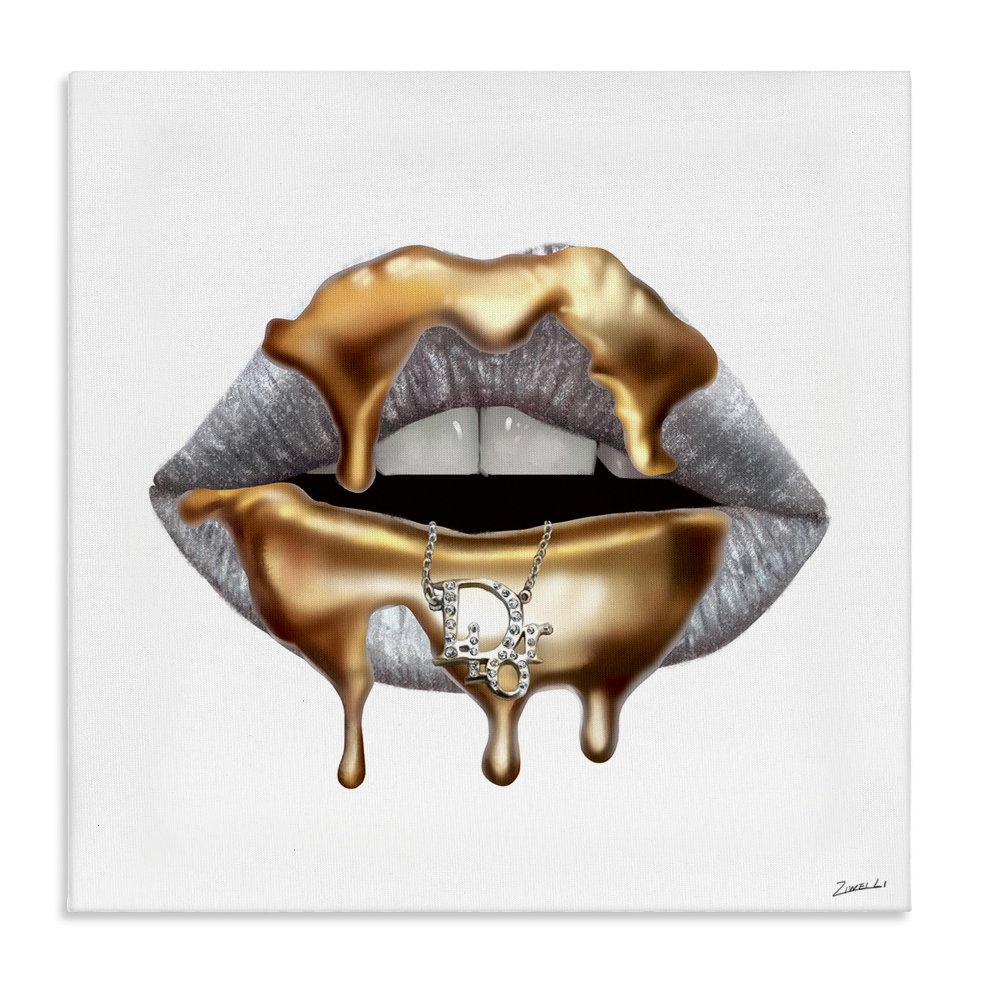 Stupell Industries Glam Silver Lip Portrait with Gold Drip - Modern Fashion Wall Art Decor, 30x30 Inches, White Framed Canvas - Perfect for Living Room, Bedroom & Office Decor