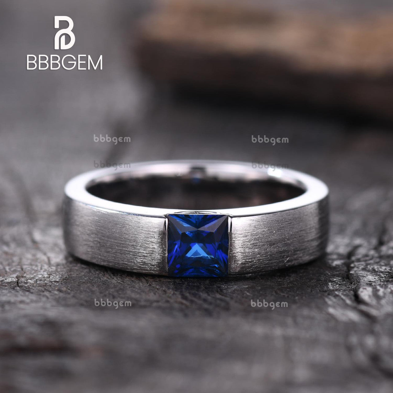 Blue Sapphire Men's Ring - Princess Square Solitaire Matte Band in Brushed White Gold for Weddings & Special Occasions
