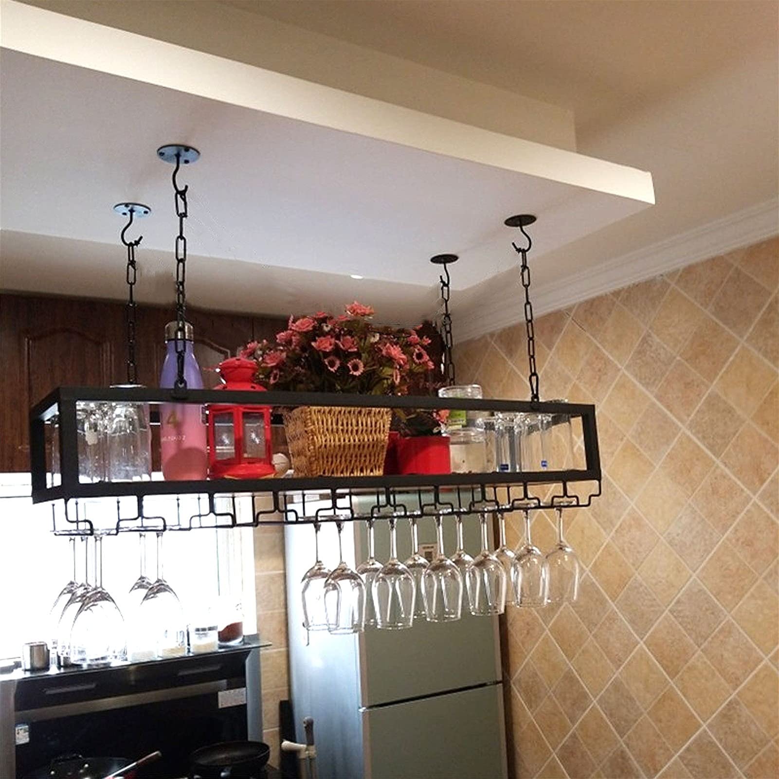 Adjustable Height Wine Glass Rack - Decorative Ceiling Mounted Wine Shelf with Glass Holder for Restaurants & Home Bars - Perfect for Wine Storage & Display in Dining Rooms & Kitchens