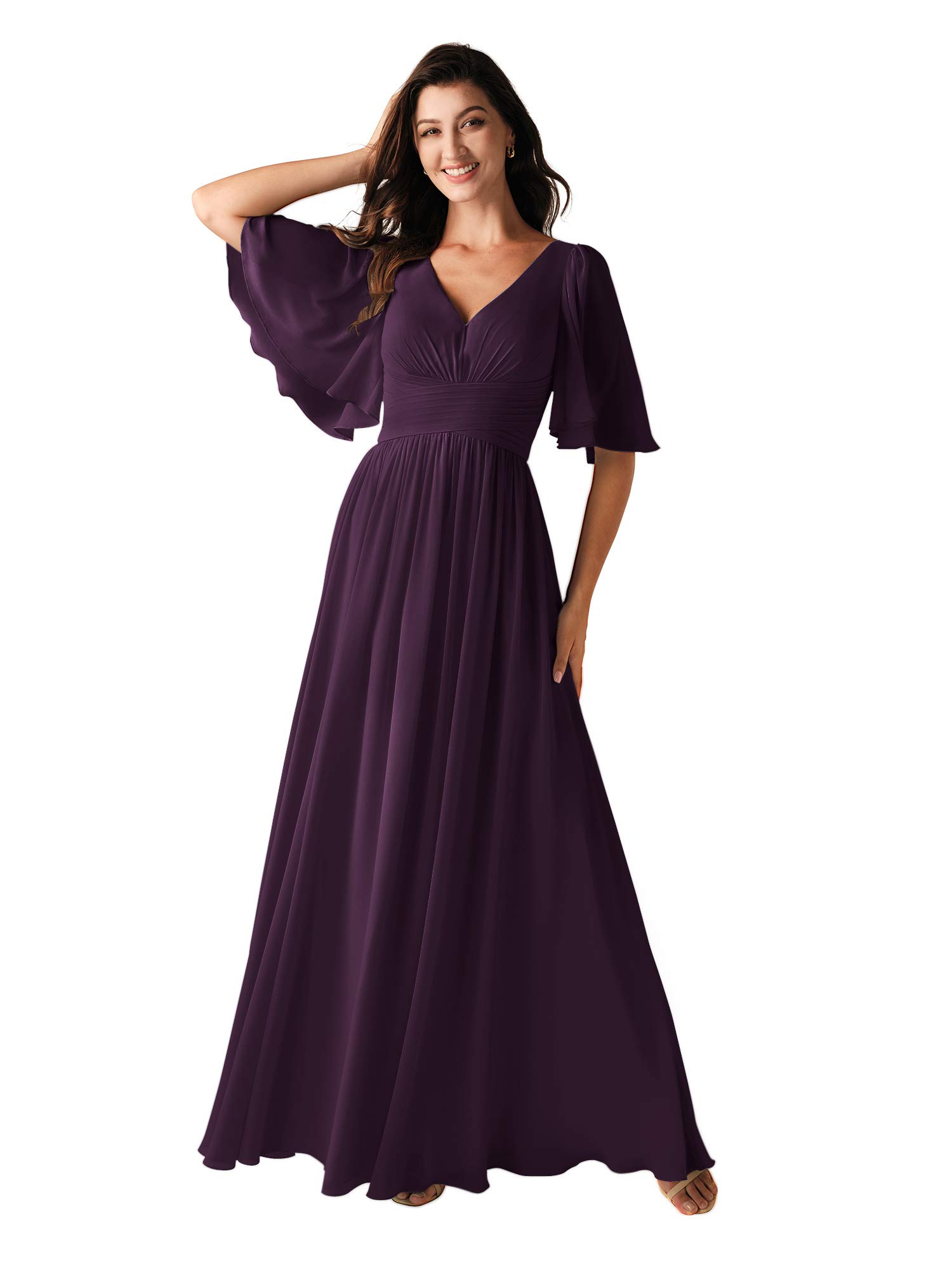 ALICEPUB Women's V-Neck Chiffon Bridesmaid Dress - Elegant Long Sleeve Wedding Party Prom Gown for Formal Events & Special Occasions