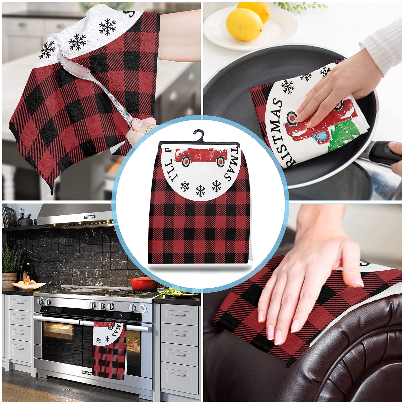 Super Absorbent Soft Microfiber Kitchen Dish Towels 2 Pack - Christmas Red Car Tree Buffalo Plaid Design | Dishcloths, Hand & Tea Towels for Kitchen, Bathroom, Bar | Perfect for Holiday Decor & Daily Cleaning