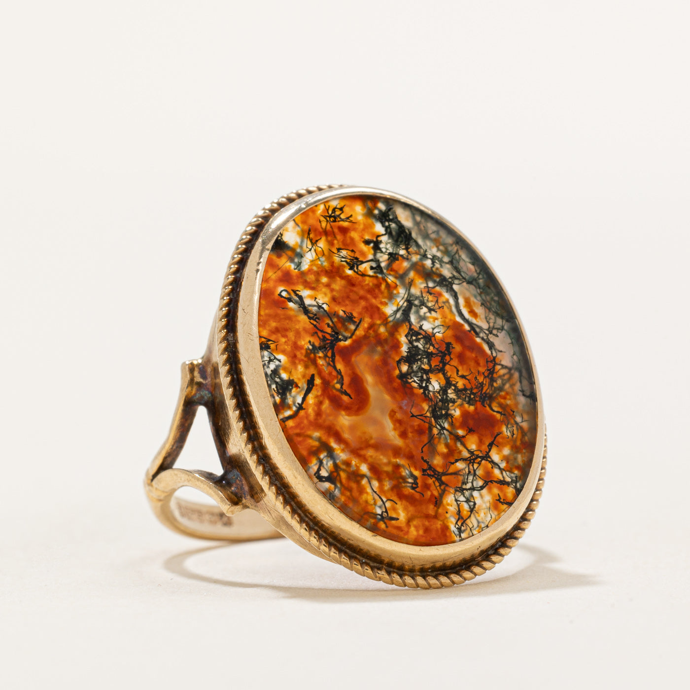 Vintage 1972 Birmingham Moss Agate Cocktail Ring - 6.00 Carat Genuine Agate Stone - Size 6.25 - Elegant Statement Jewelry for Women - Perfect for Evening Parties, Weddings & Special Occasions