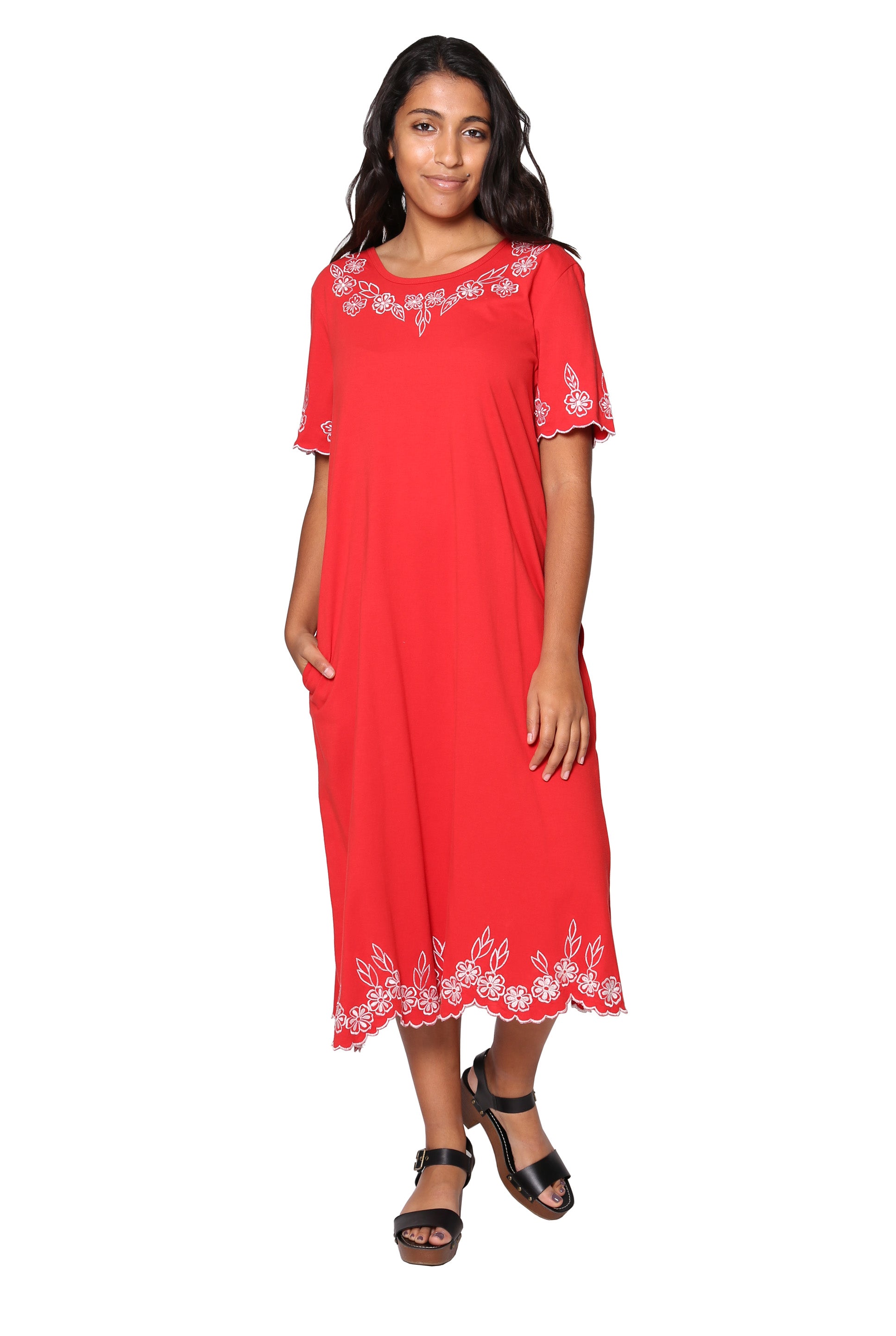 La Cera 100% Cotton Knit Embroidered A-Line Dress for Women - Flowy Summer Dress with Floral Embroidery for Casual Wear, Beach Outings & Date Nights