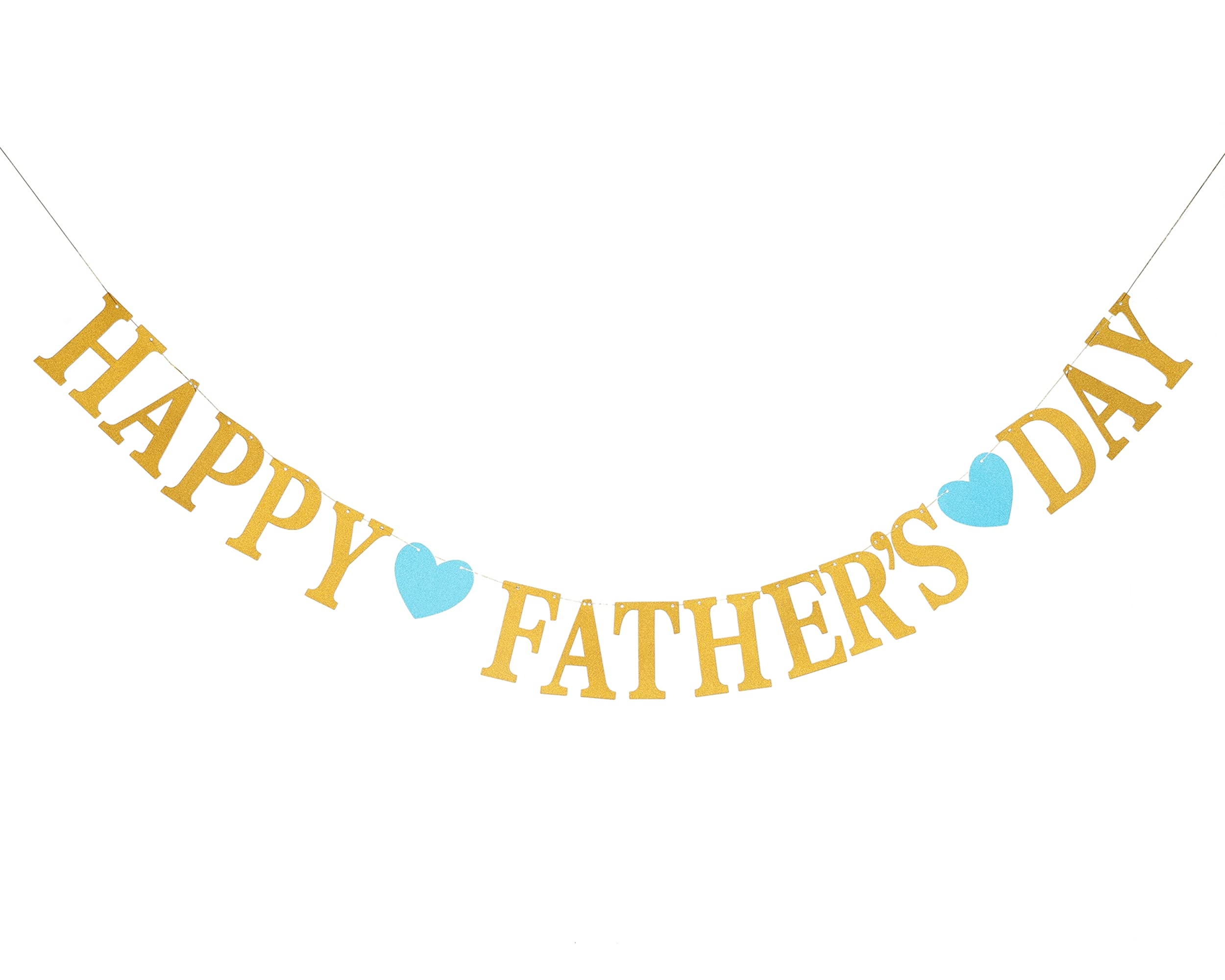 Happy Father's Day Glitter Gold Banner with Blue Hearts - Premium Bunting for Dad's Party Decorations, Father's Day Backdrop & Garland - Perfect for Home, Office & Outdoor Celebrations