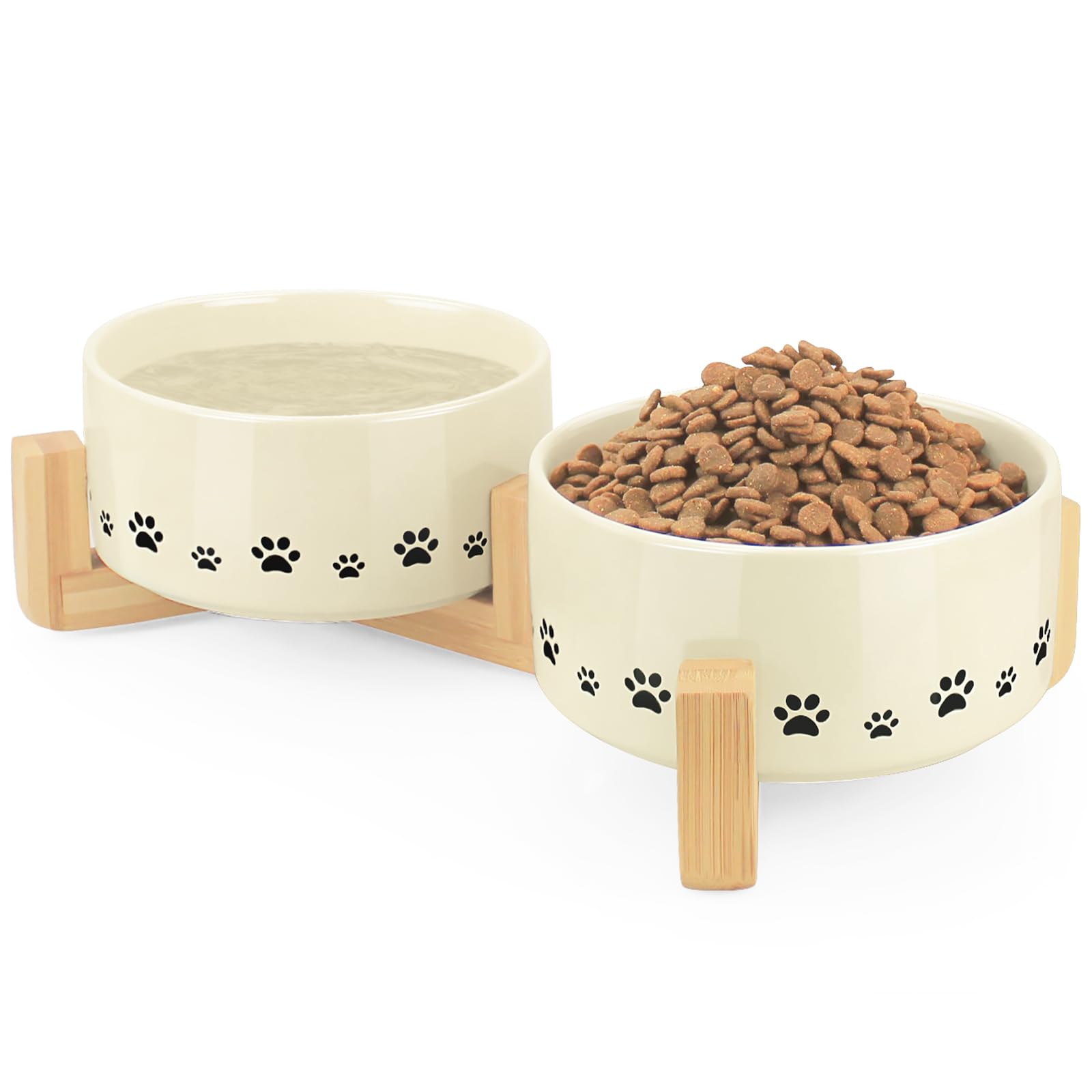 Ceramic Raised Dog and Cat Bowls Set with Anti-Slip Wooden Stand - Weighted Pet Food & Water Dishes for Small, Medium & Large Pets - 14oz Beige - Perfect for Home, Kitchen, and Outdoor Feeding Stations