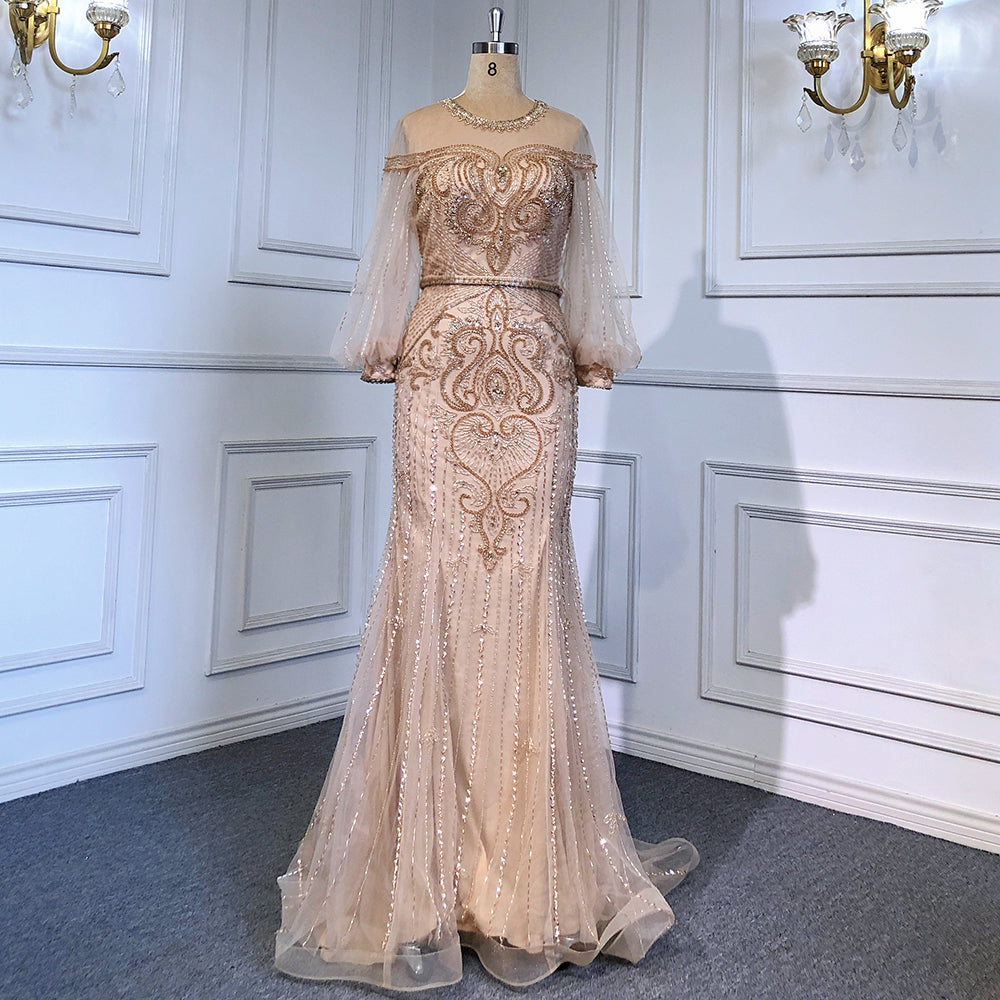 Serene Hill Grey Nude Luxury Evening Dresses for Women 2025 - Beaded Lantern Sleeve Mermaid Gown for Prom, Gala & Formal Events | Elegant Party Dress LA71603