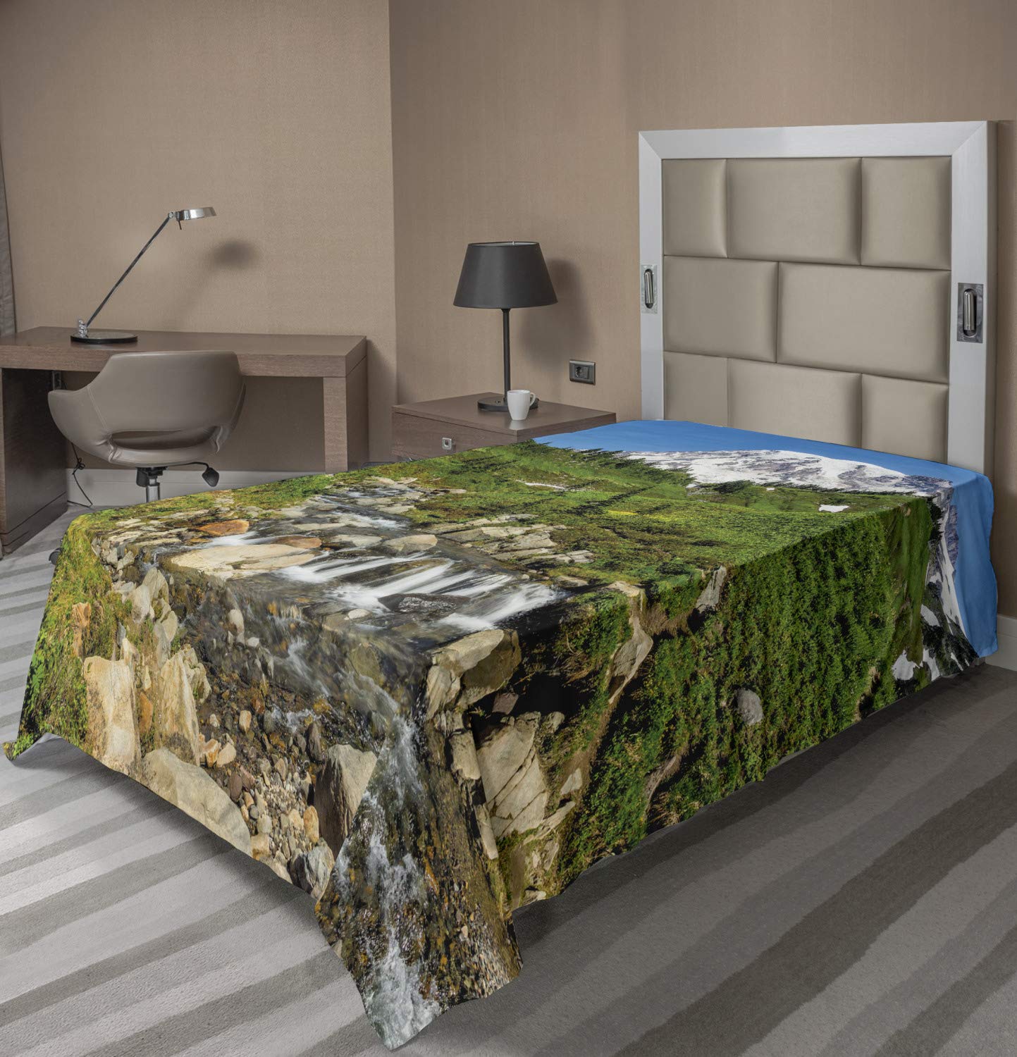 Ambesonne Travel Flat Sheet - Edith Creek Mount Rainier National Park Scenic Design, Soft Comfortable Twin Size Top Sheet for Bedding - Perfect for Vacation Homes, Camping & Dorm Rooms