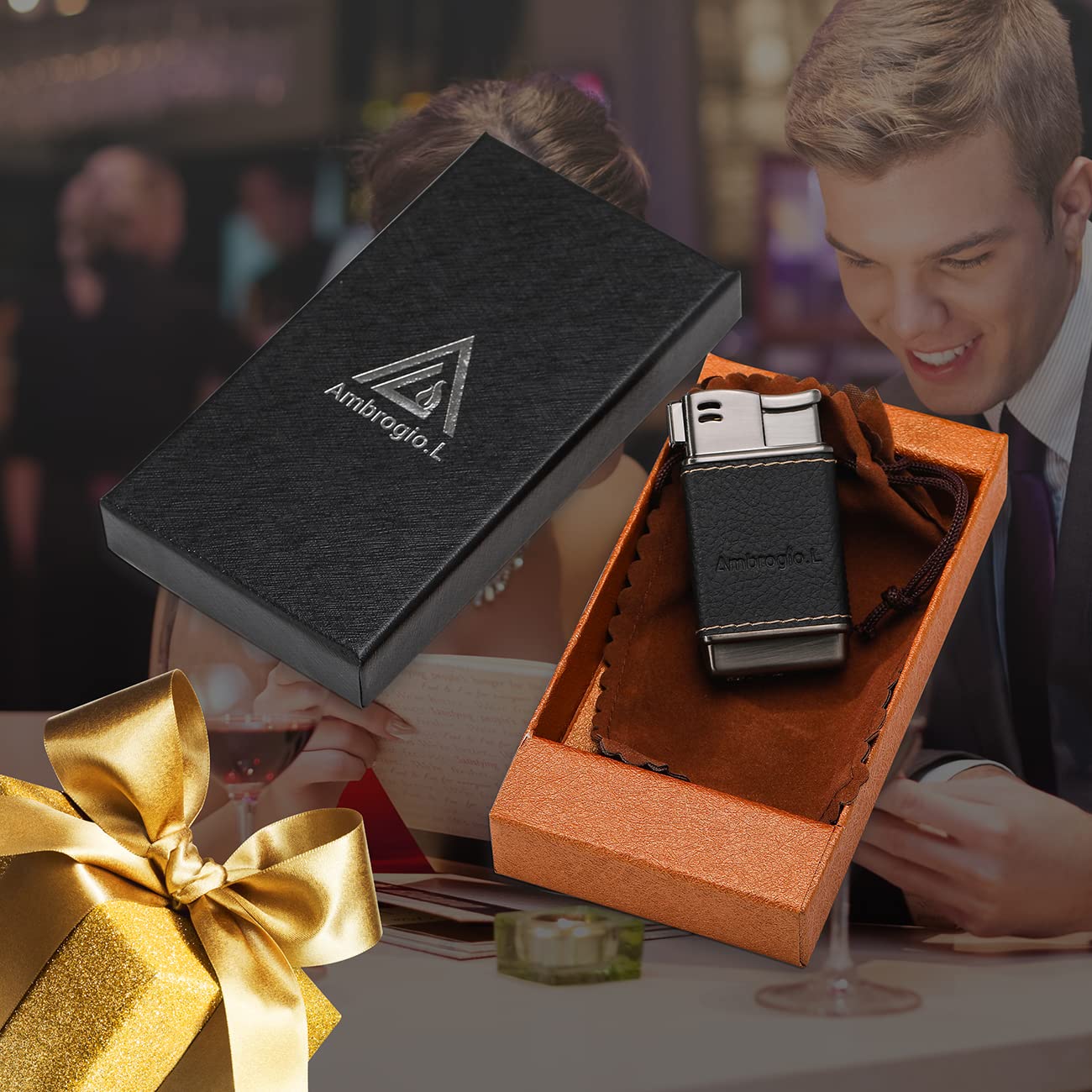 Ambrogio.L Pipe Lighter - Refillable Butane Soft Flame Lighter with Genuine Leather Case, Black Brushed Finish - Perfect for Men's Smoking Accessories, Pipe & Cigar Lighting, Outdoor Use & Gifts