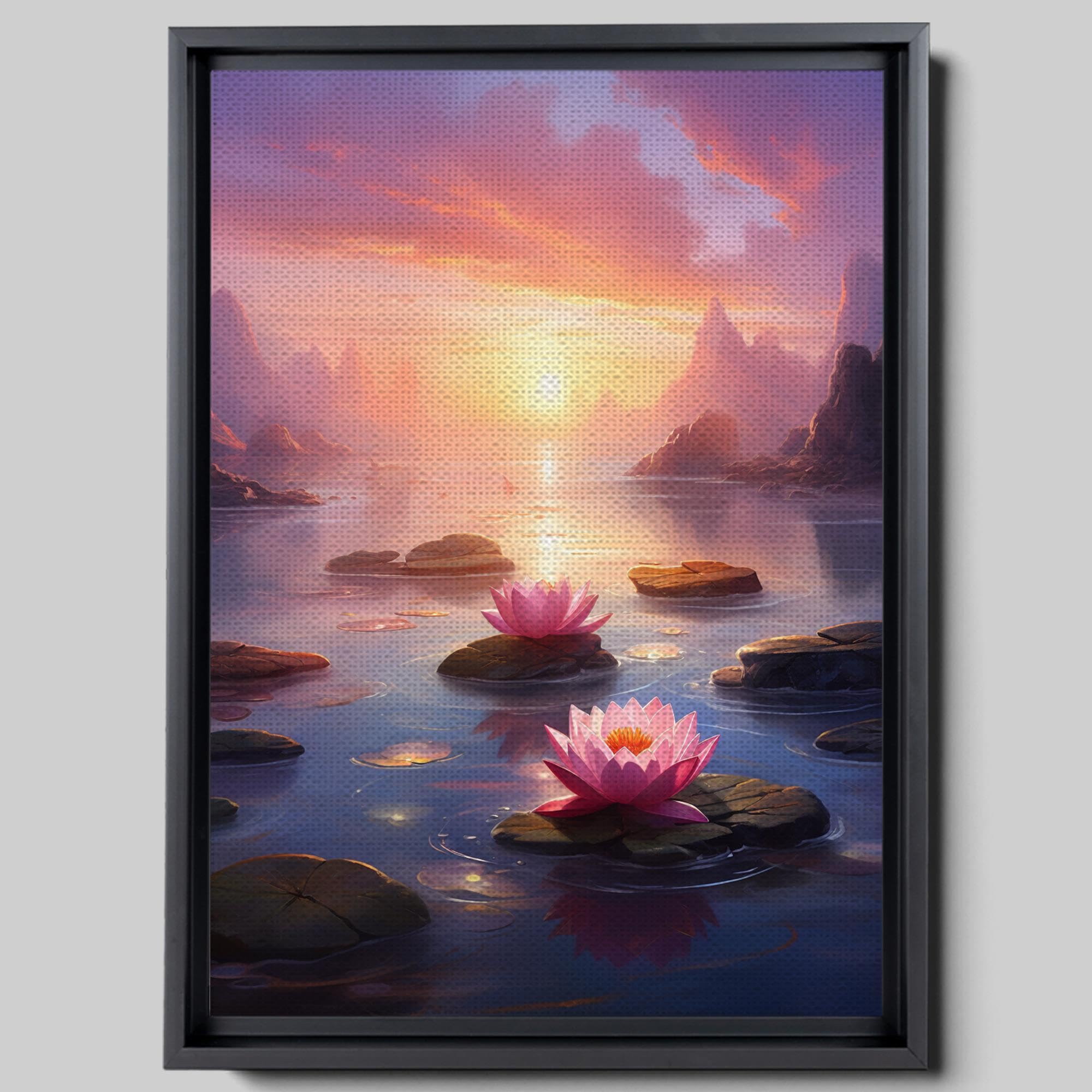 Zen Wall Art Decor - Framed Canvas Print of Peaceful Zen Garden with Stone Flower & Sunset Meditation Scene - Perfect for Yoga Studios, Home Decor & Mindfulness Spaces